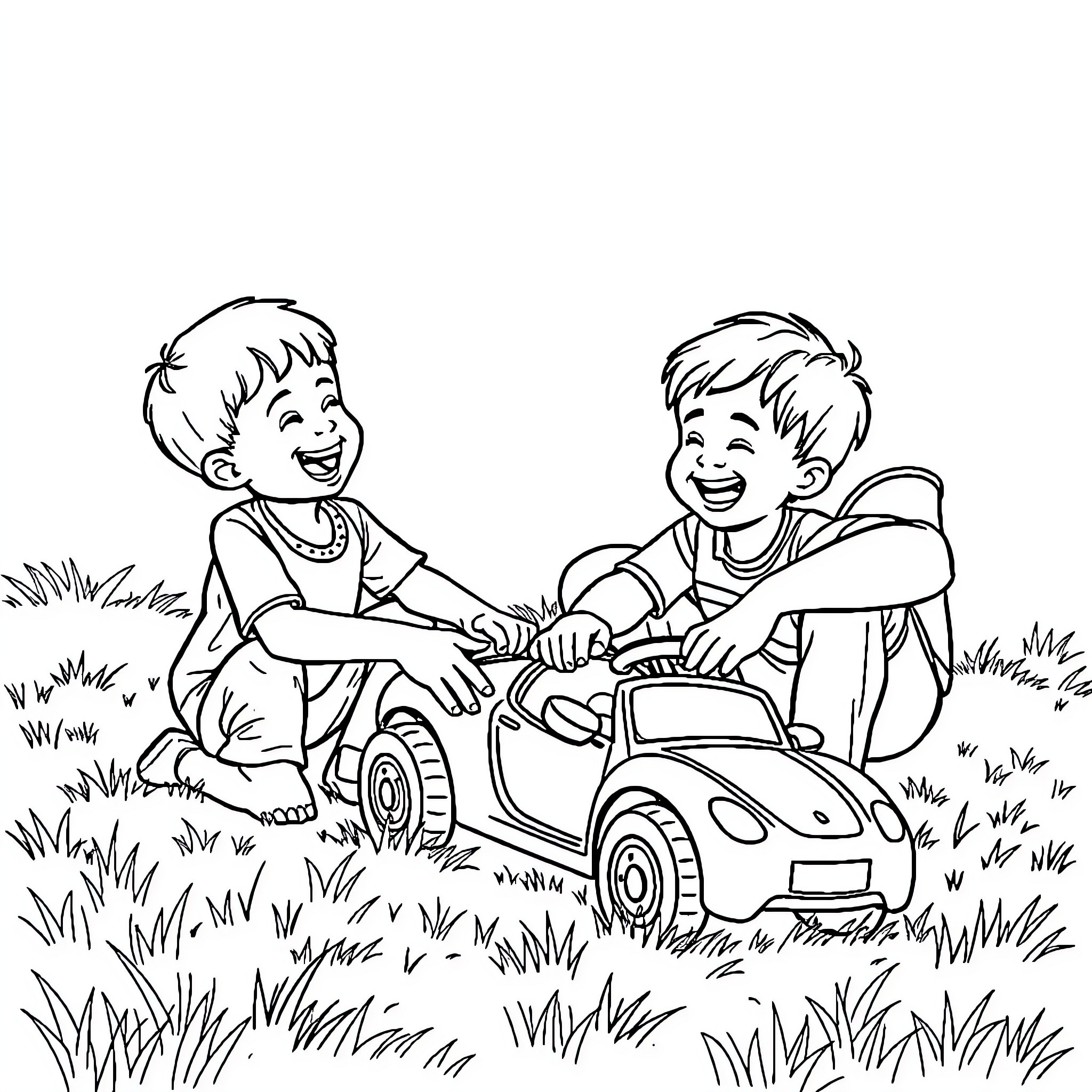 Man playing happily with friend in toy car Coloring Page (free black-and-white line drawing printable PDF for all, from beginners to advanced learners, including children, teens, adults, and seniors)