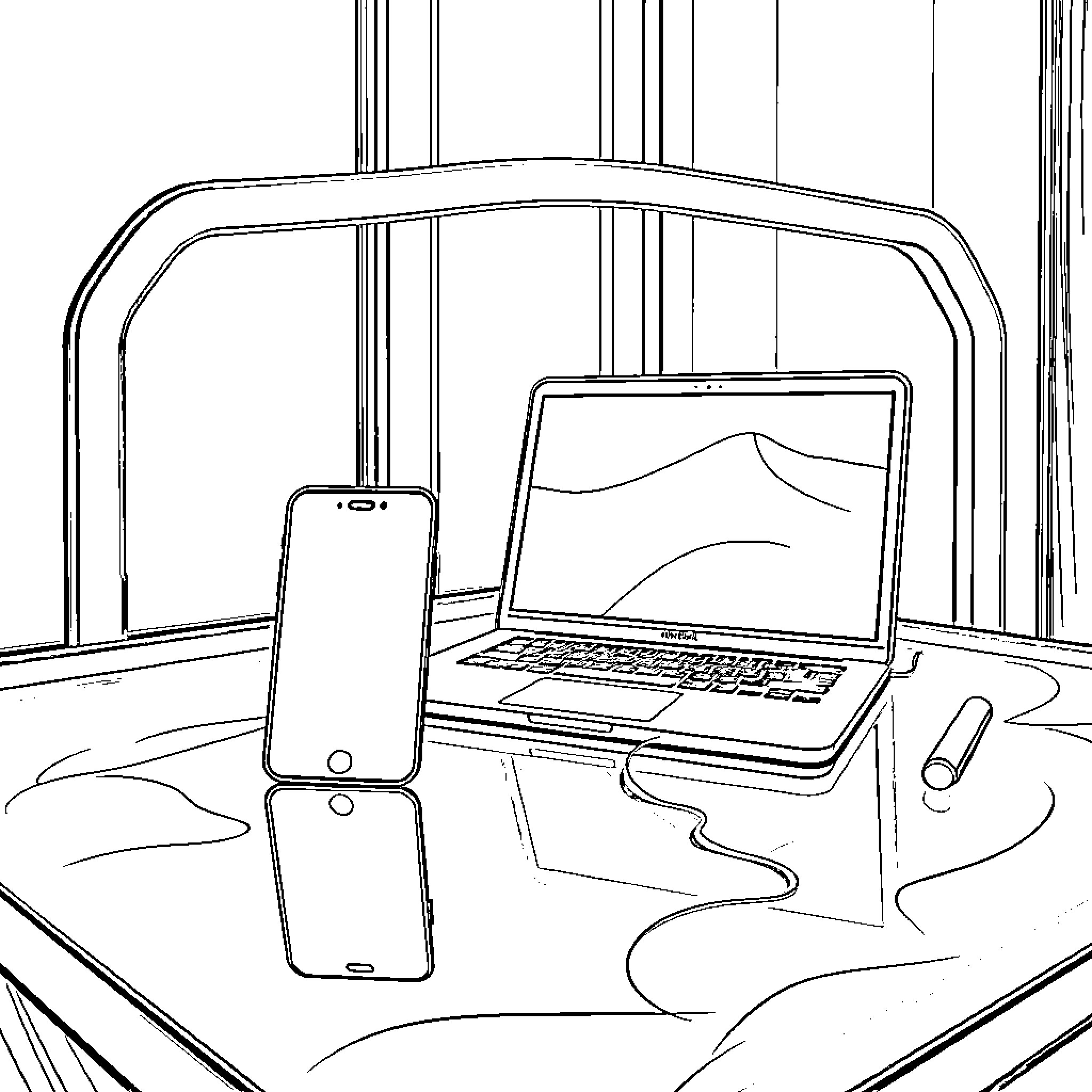 iPhone devices in workspace with laptop Coloring Page (free black-and-white line drawing printable PDF for all, from beginners to advanced learners, including children, teens, adults, and seniors)