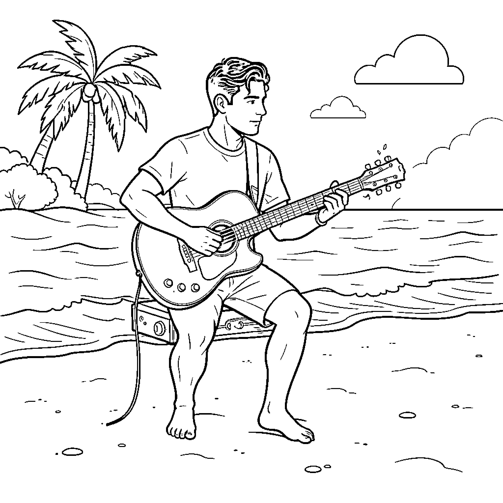 Cristiano playing an acoustic guitar on the beach Coloring Page (free black-and-white line drawing printable PDF for all, from beginners to advanced learners, including children, teens, adults, and seniors)