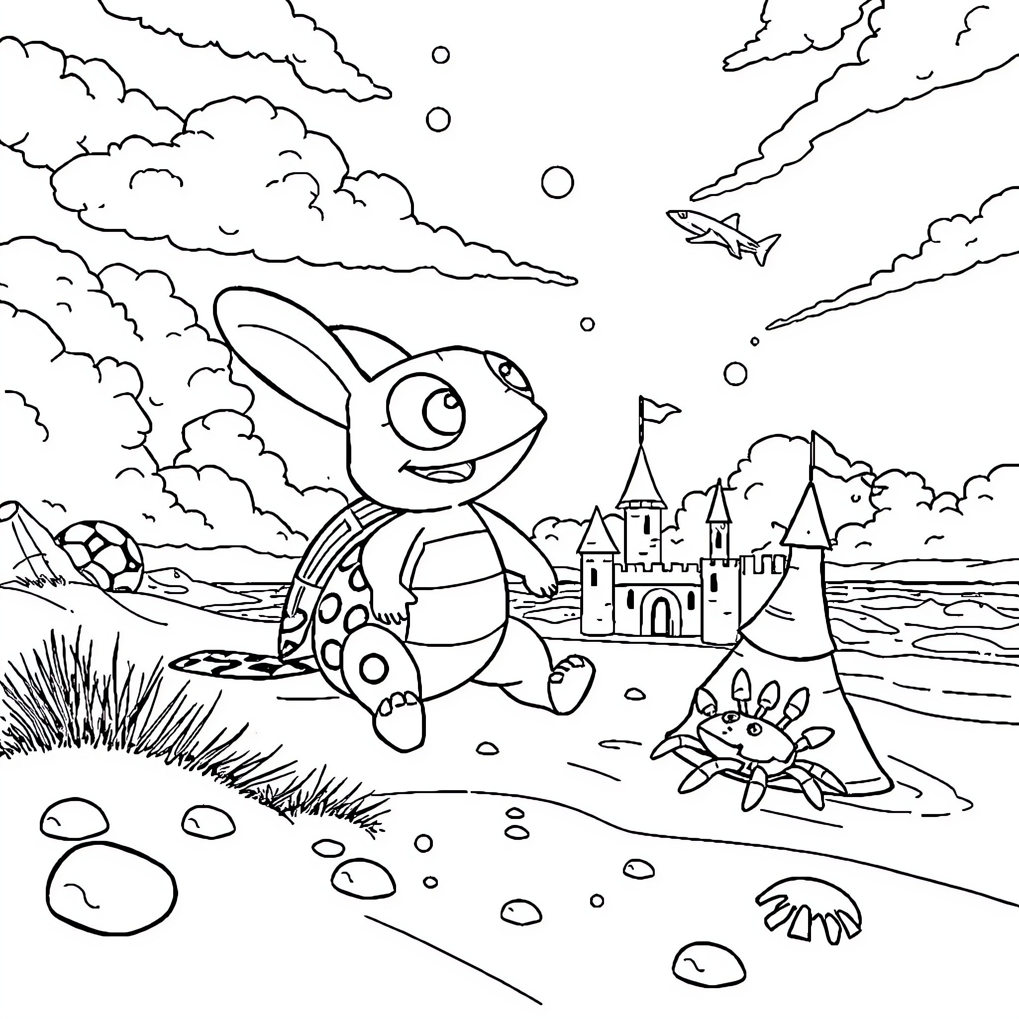 Paw Patrol characters explore a magical beach scene Coloring Page (free black-and-white line drawing printable PDF for all, from beginners to advanced learners, including children, teens, adults, and seniors)