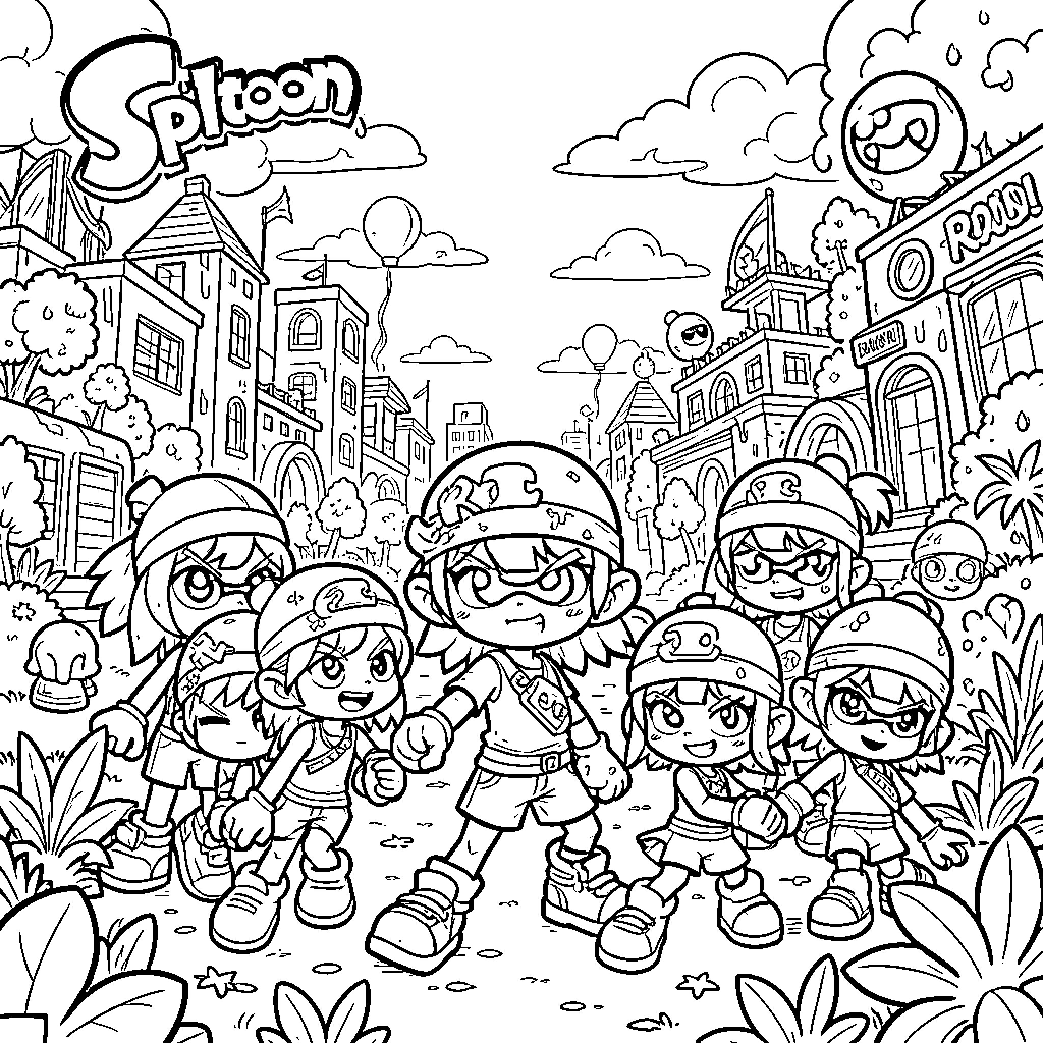 Splatoon Raider characters posing together in a lively city Coloring Page (free black-and-white line drawing printable PDF for all, from beginners to advanced learners, including children, teens, adults, and seniors)