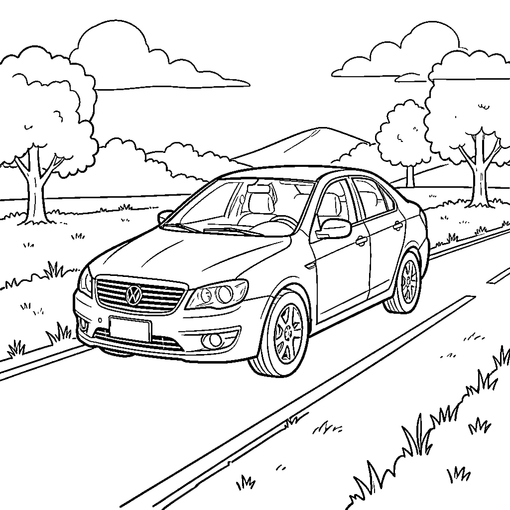 Car driving along a road through a landscape Coloring Page (free black-and-white line drawing printable PDF for all, from beginners to advanced learners, including children, teens, adults, and seniors)