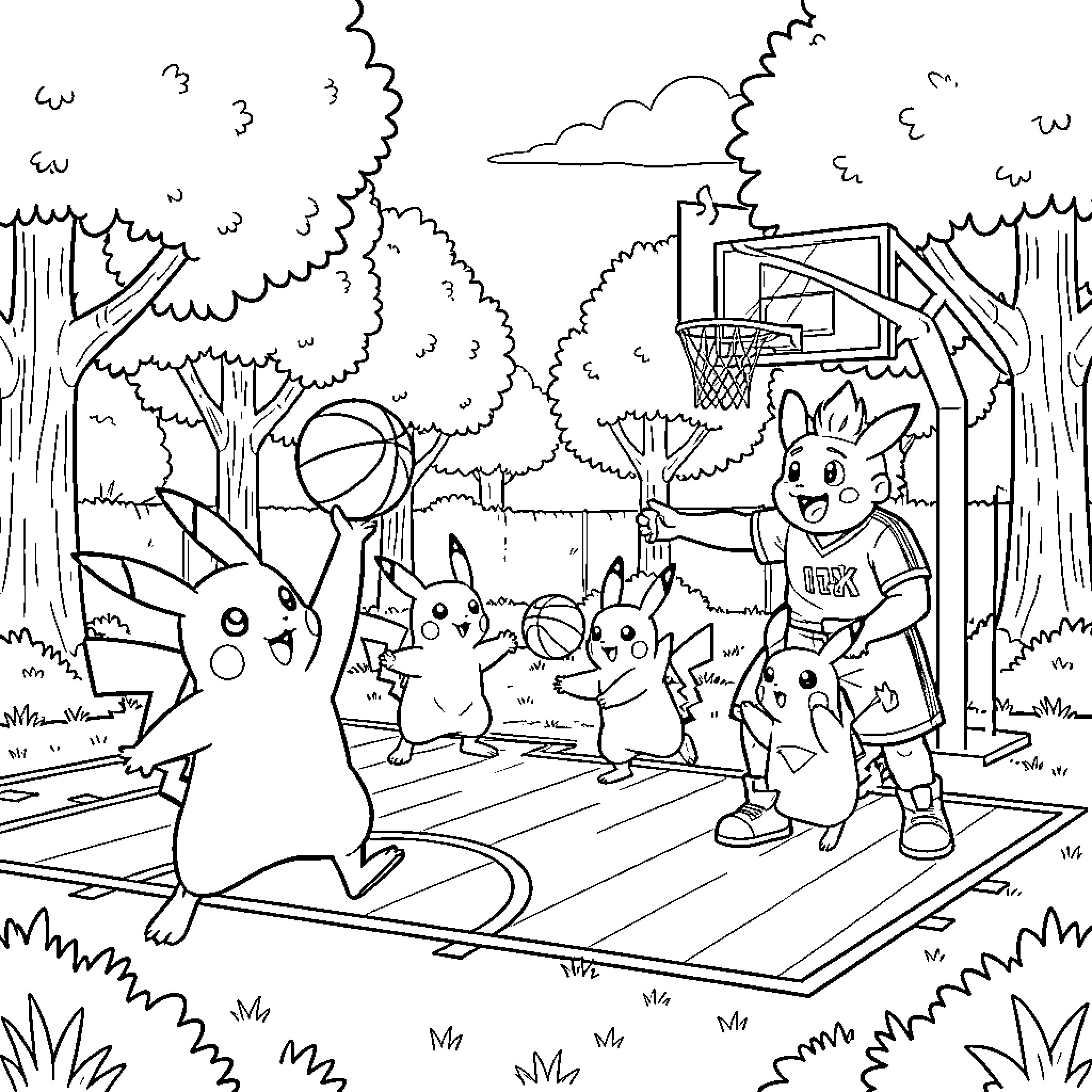 Pikachu and friends playing basketball in the park Coloring Page (free black-and-white line drawing printable PDF for all, from beginners to advanced learners, including children, teens, adults, and seniors)