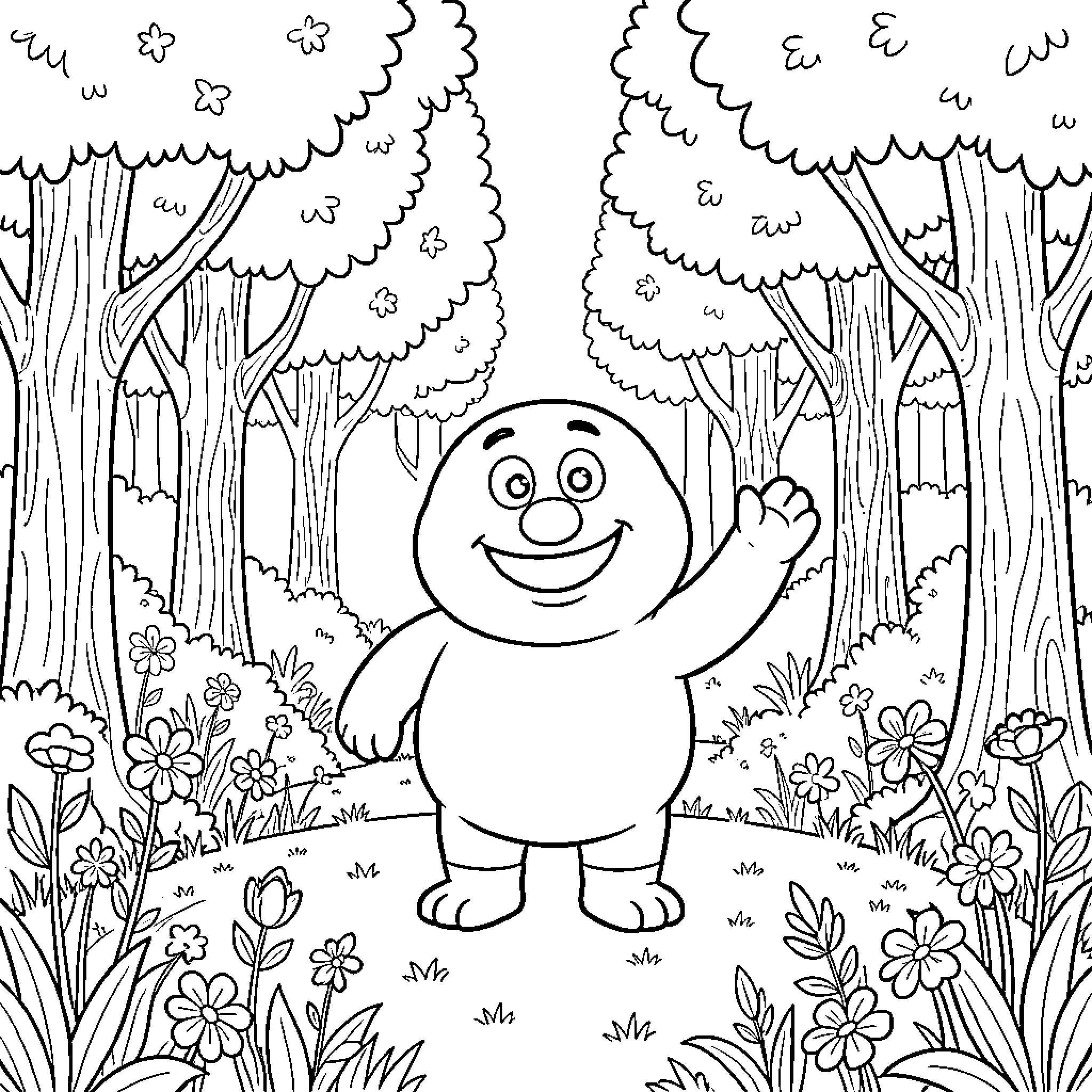 Barney's Friendly Forest Adventure Coloring Page (free black-and-white line drawing printable PDF for all, from beginners to advanced learners, including children, teens, adults, and seniors)