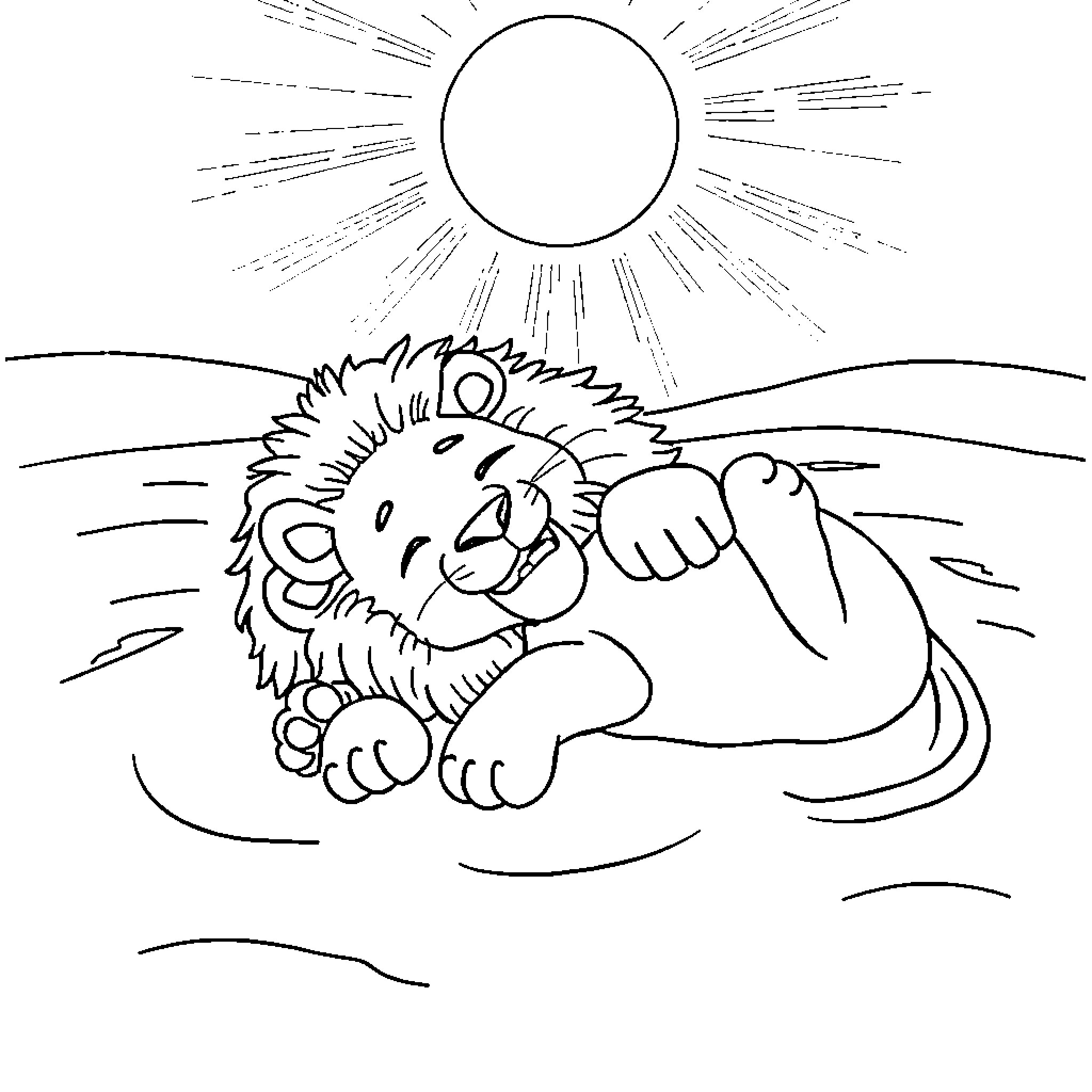 Lion resting in the sun on a beach Coloring Page (free black-and-white line drawing printable PDF for all, from beginners to advanced learners, including children, teens, adults, and seniors)