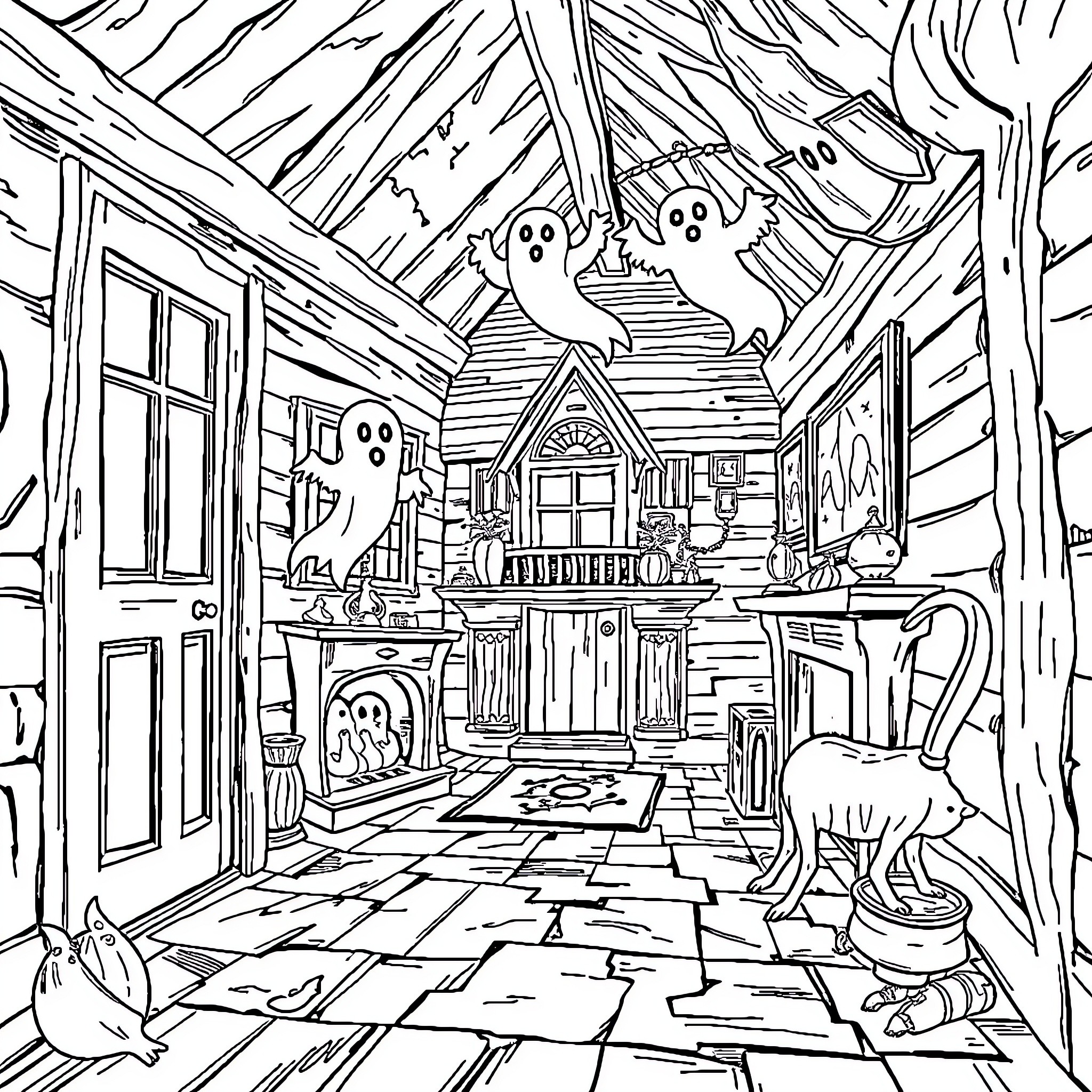 Haunt of ghostly figures in an eerie old cabin Coloring Page (free black-and-white line drawing printable PDF for all, from beginners to advanced learners, including children, teens, adults, and seniors)