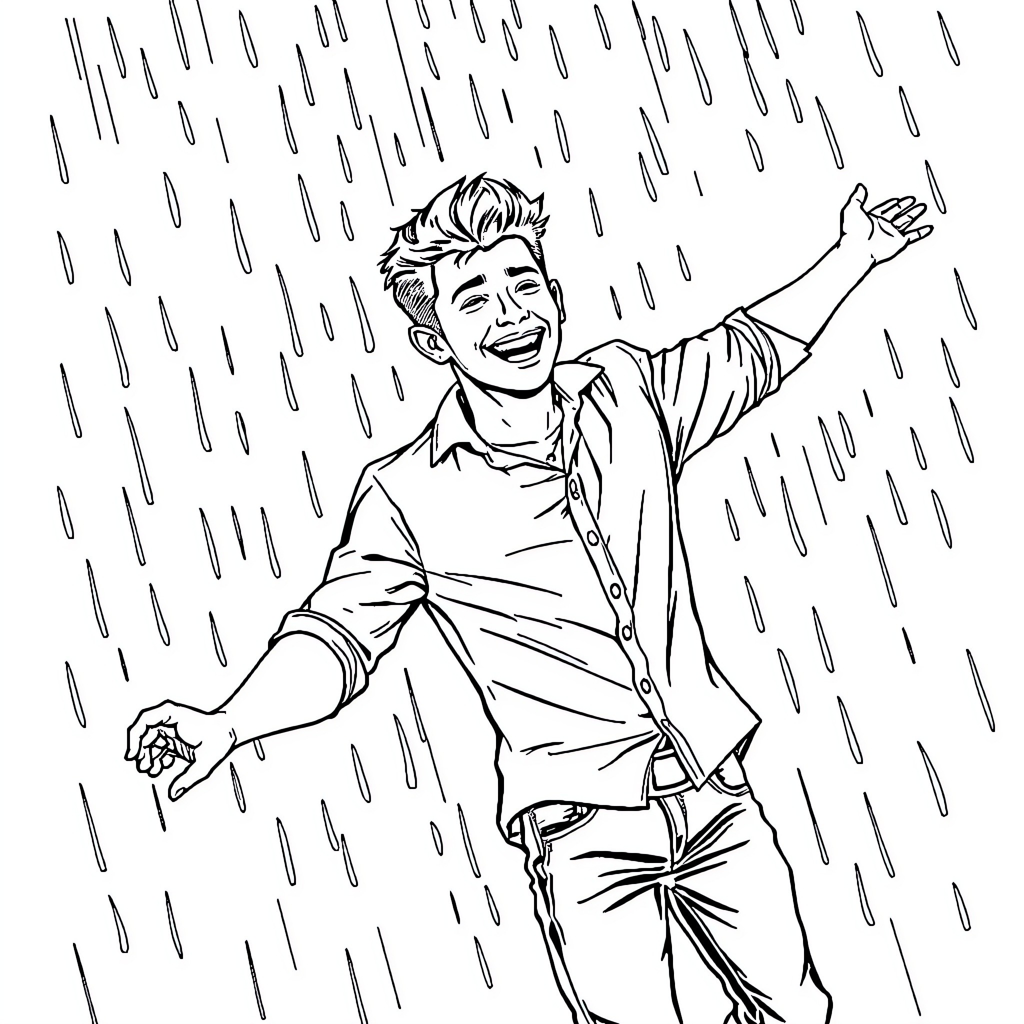 Nick Jonas joyfully embracing the rain Coloring Page (free black-and-white line drawing printable PDF for all, from beginners to advanced learners, including children, teens, adults, and seniors)