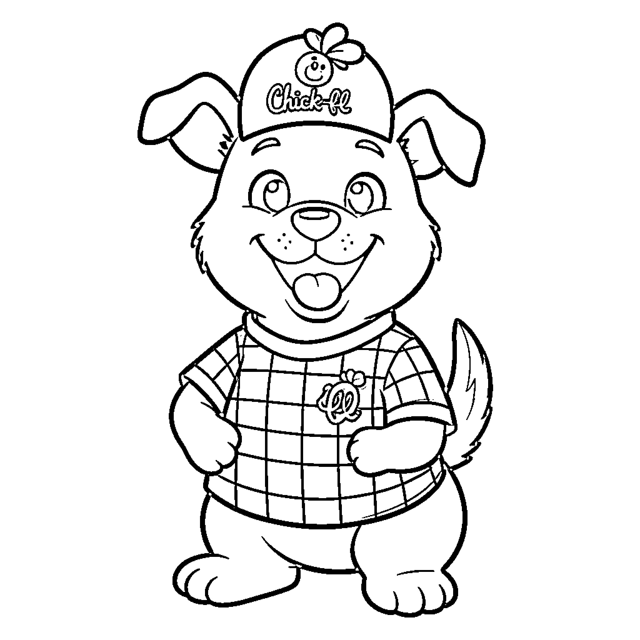 Chick-fil-A Cheerful Mascot in Plaid Outfit Coloring Page (free black-and-white line drawing printable PDF for all, from beginners to advanced learners, including children, teens, adults, and seniors)