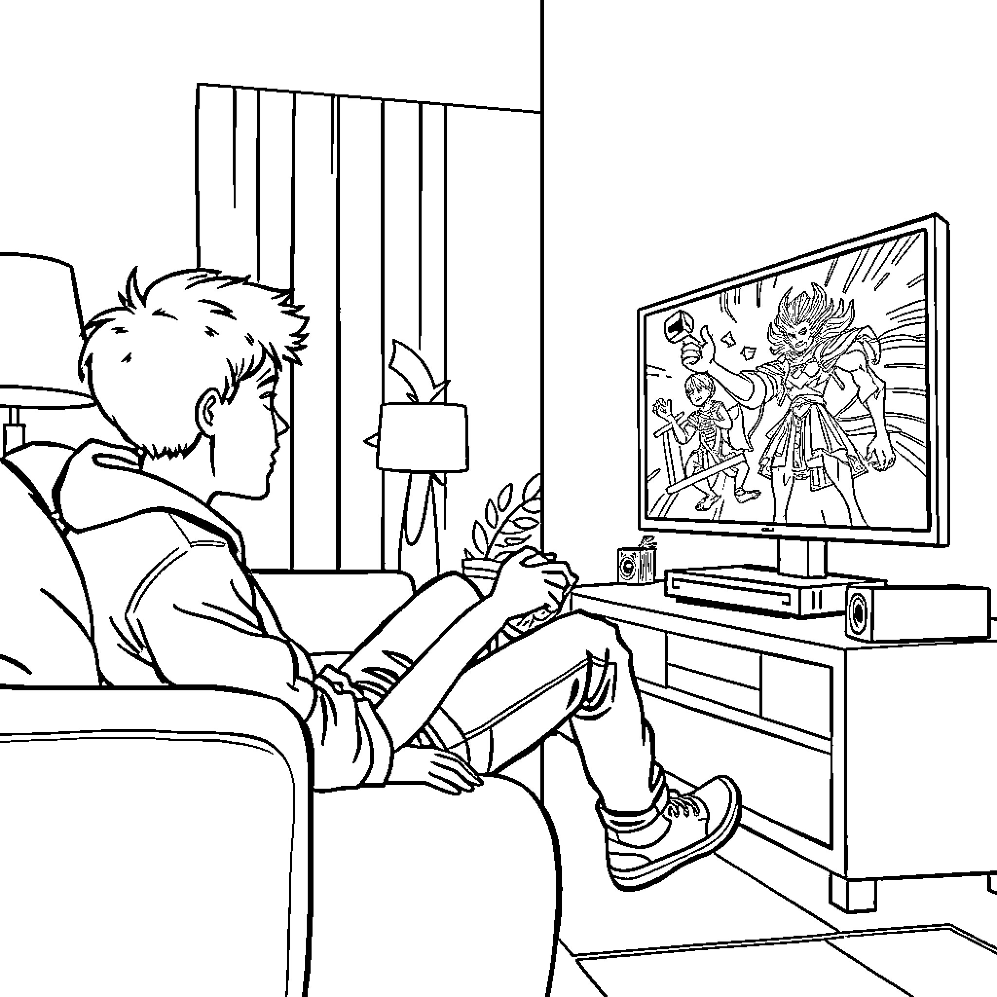 Teenager watching an animated show on TV Coloring Page (free black-and-white line drawing printable PDF for all, from beginners to advanced learners, including children, teens, adults, and seniors)