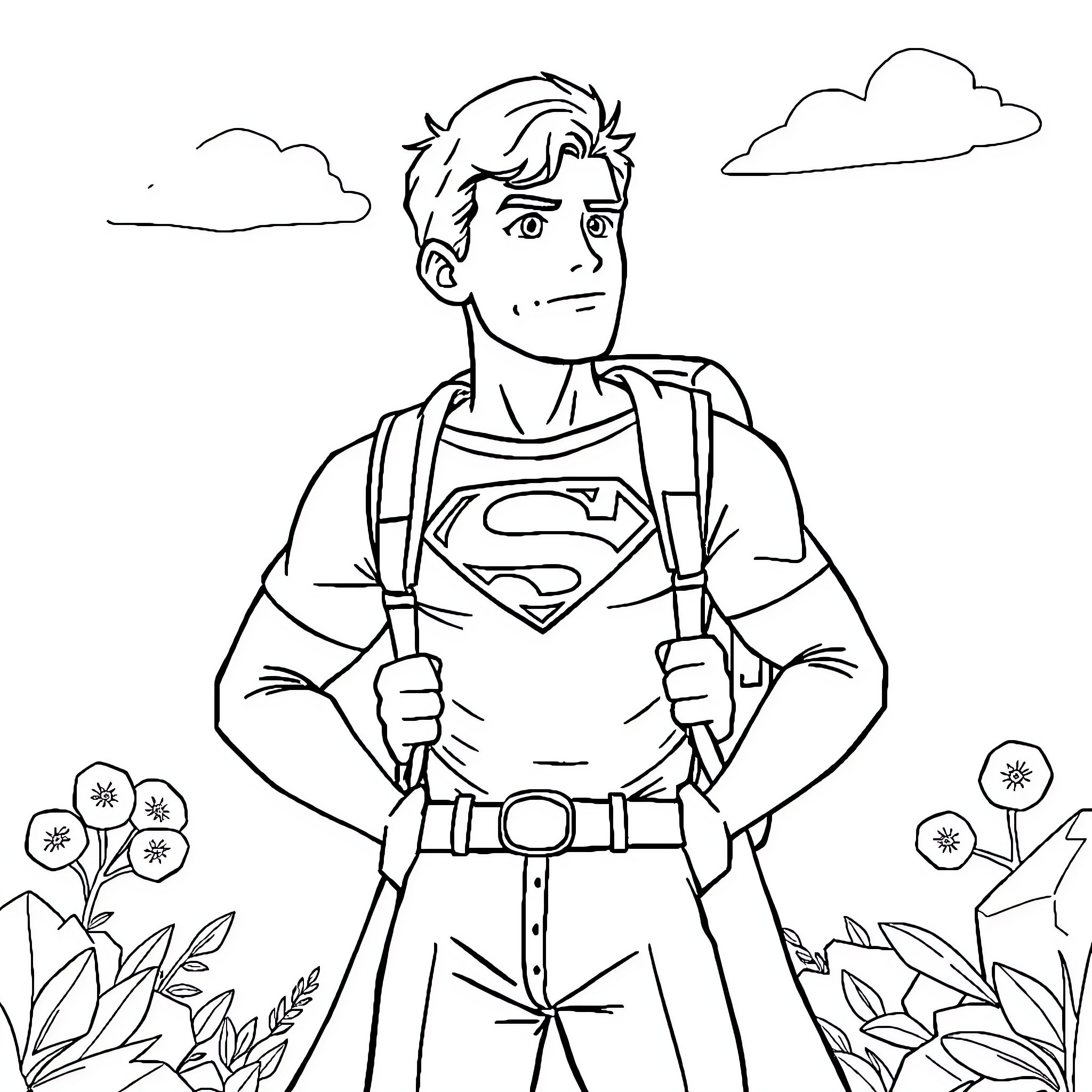 Superman in pensive contemplation in nature Coloring Page (free black-and-white line drawing printable PDF for all, from beginners to advanced learners, including children, teens, adults, and seniors)