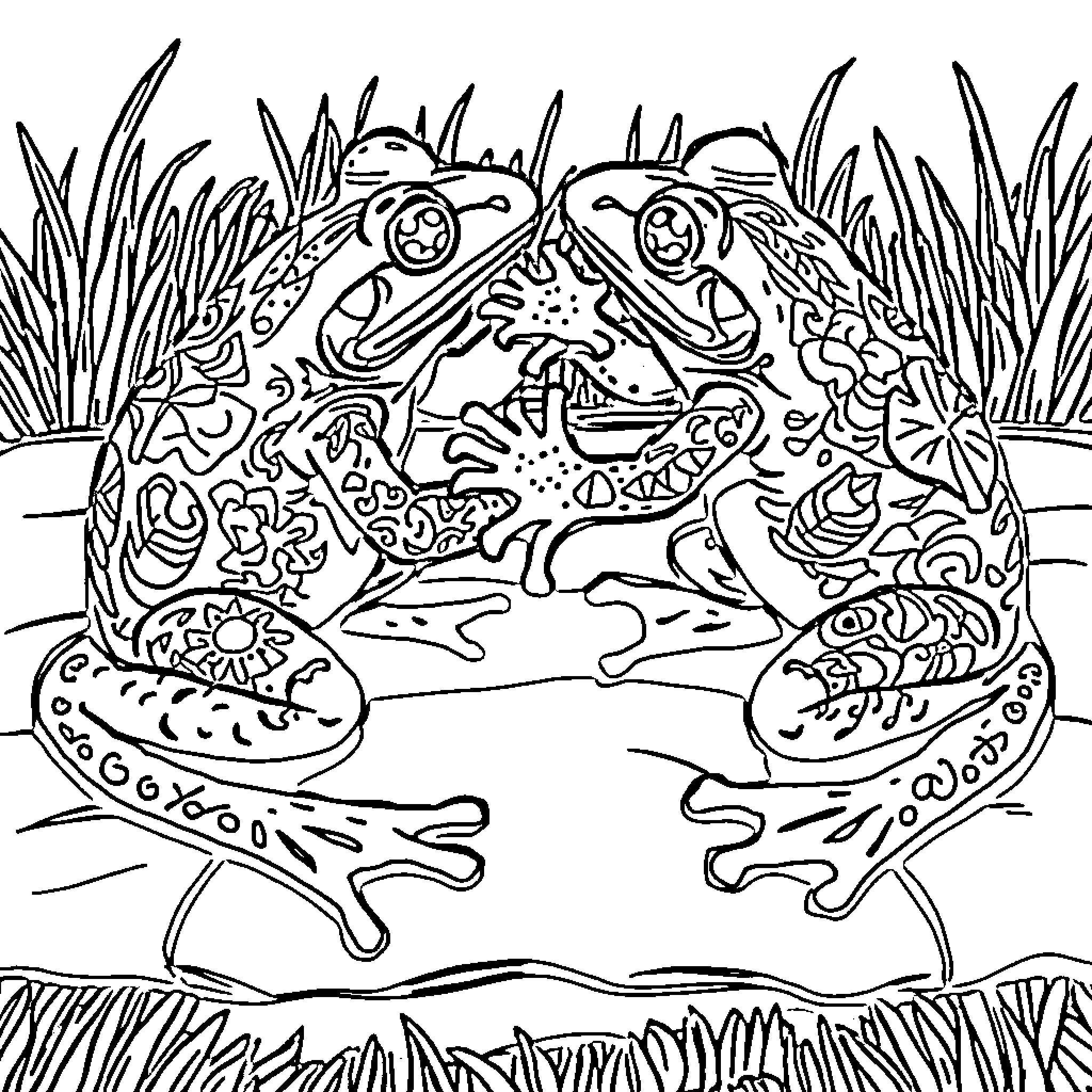 Frog friends enjoying the pond Coloring Page (free black-and-white line drawing printable PDF for all, from beginners to advanced learners, including children, teens, adults, and seniors)