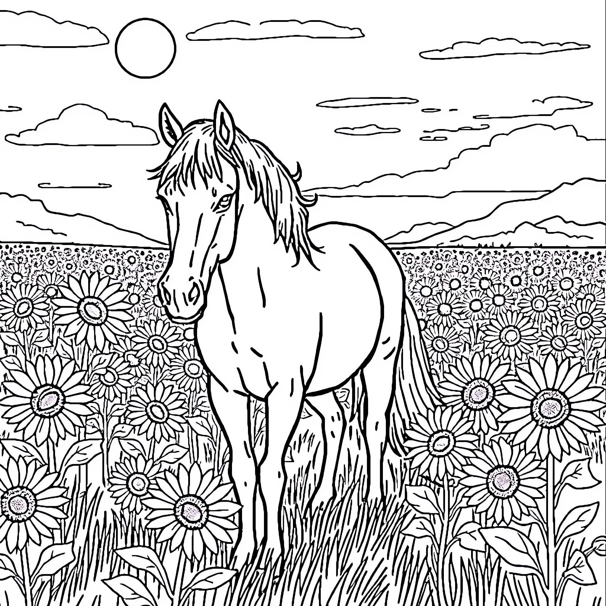 Horse standing amidst sunflowers in a field Coloring Page (free black-and-white line drawing printable PDF for all, from beginners to advanced learners, including children, teens, adults, and seniors)