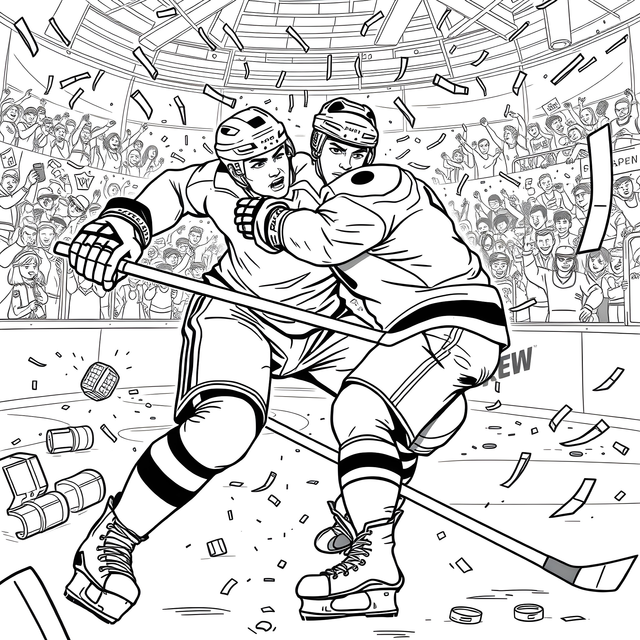 Hockey Players Competing in an Intense Game Coloring Page (free black-and-white line drawing printable PDF for all, from beginners to advanced learners, including children, teens, adults, and seniors)