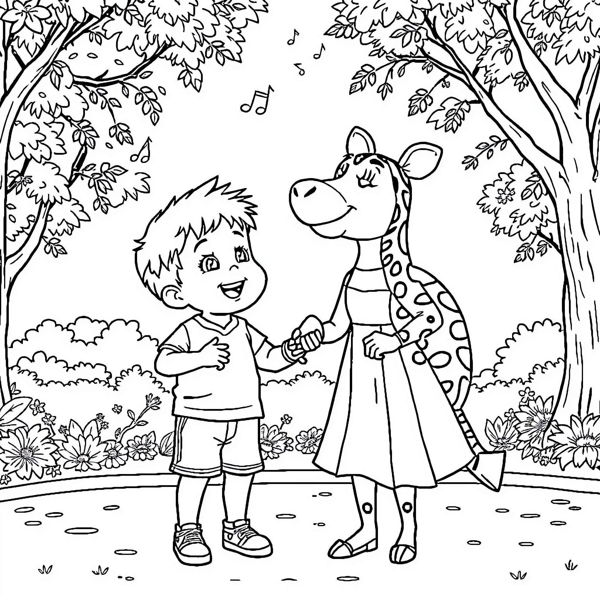 Capybara and a boy playing together in a forest Coloring Page (free black-and-white line drawing printable PDF for all, from beginners to advanced learners, including children, teens, adults, and seniors)