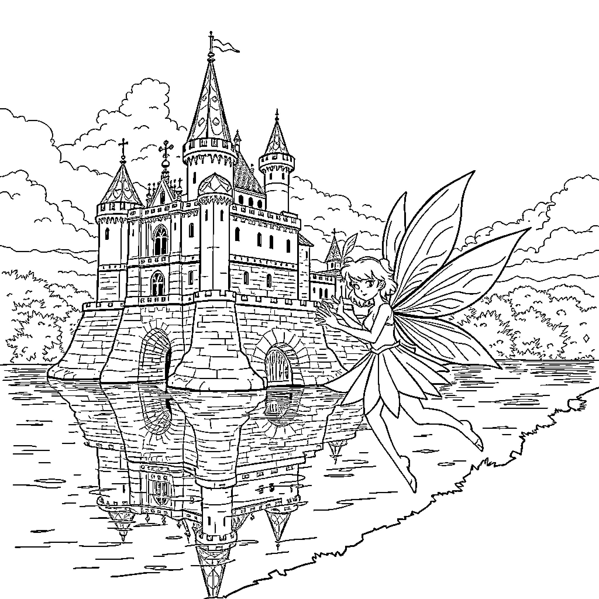 Fairy castle with enchanting reflection in the lake Coloring Page (free black-and-white line drawing printable PDF for all, from beginners to advanced learners, including children, teens, adults, and seniors)