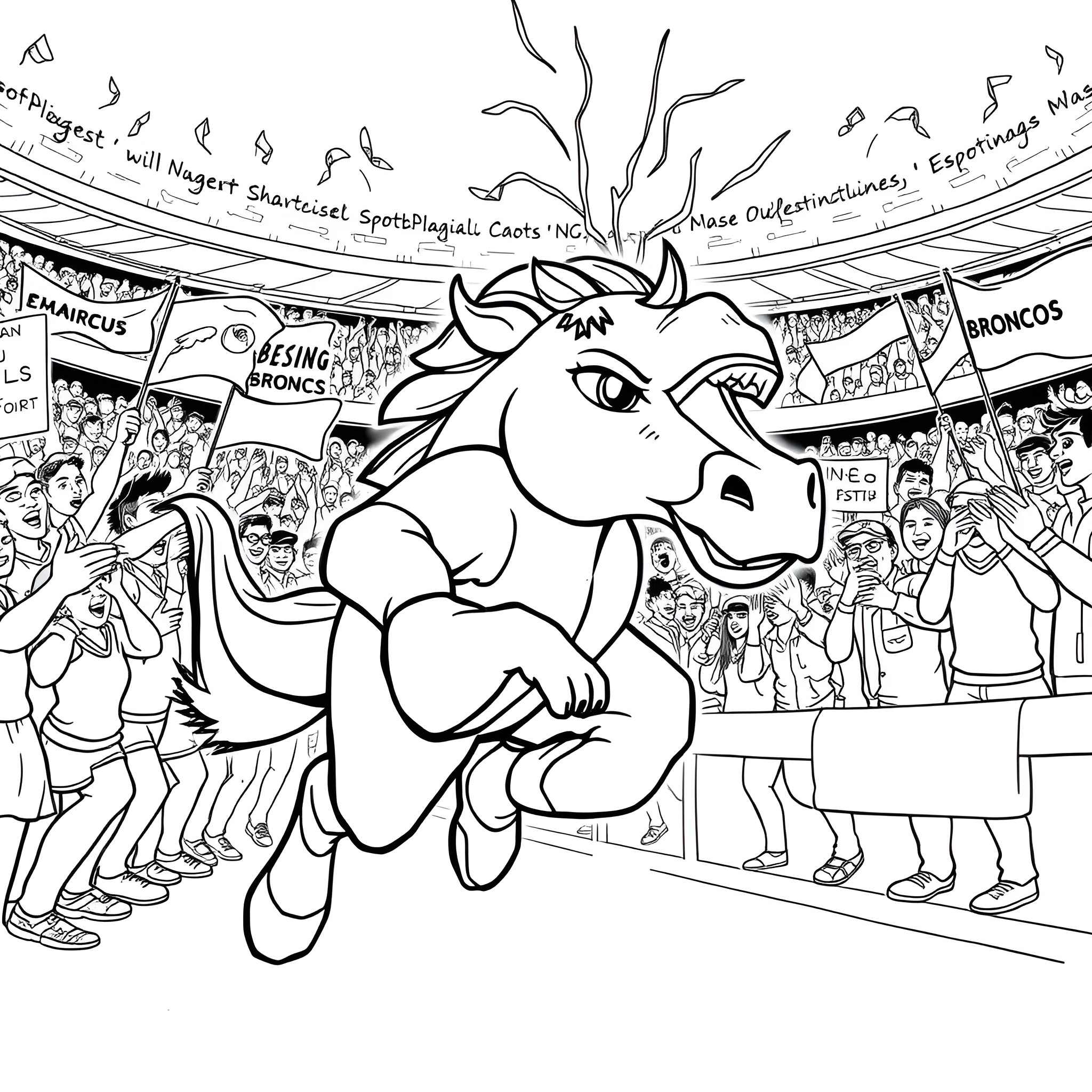 Brisbane Broncos mascot roaring at a spirited crowd Coloring Page (free black-and-white line drawing printable PDF for all, from beginners to advanced learners, including children, teens, adults, and seniors)