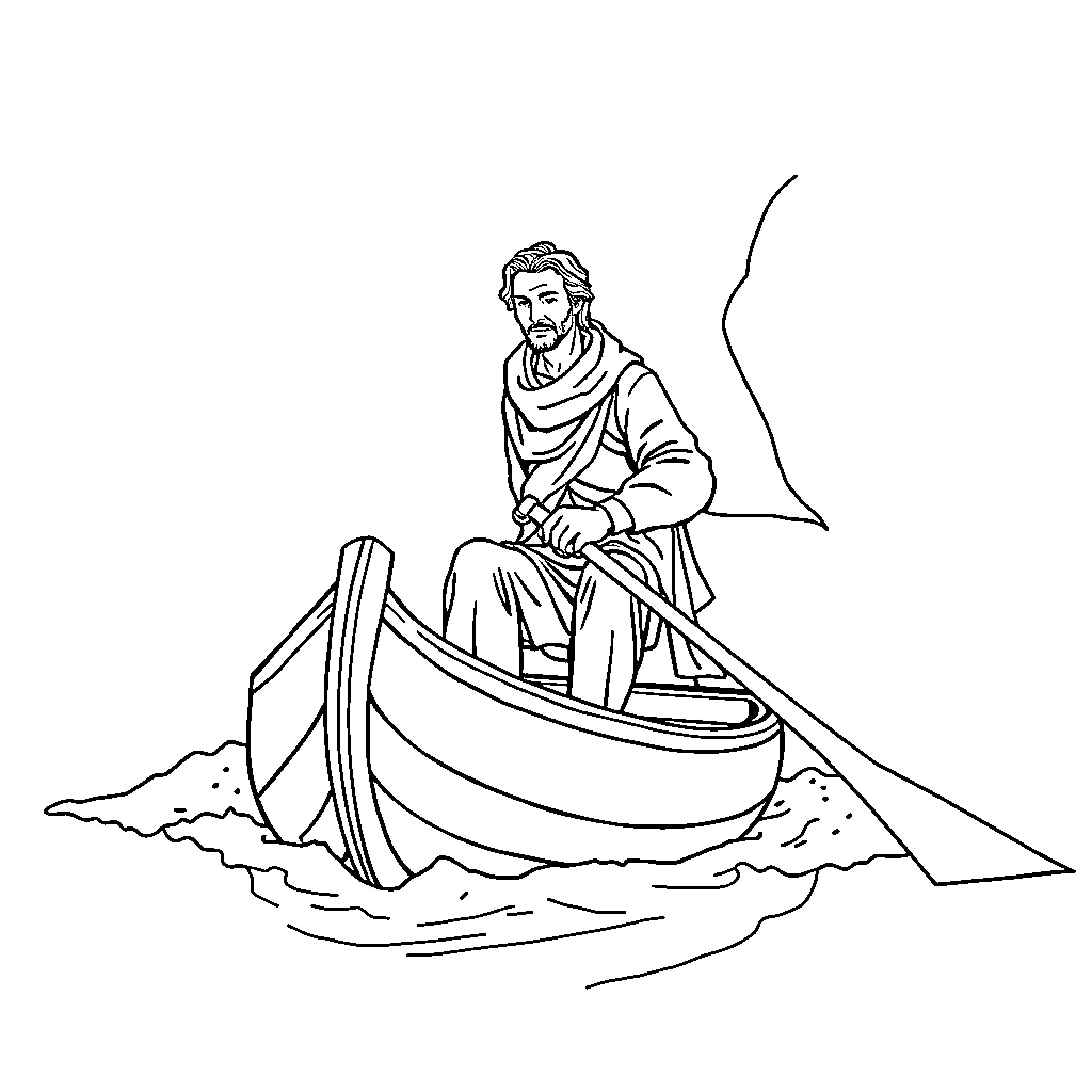 Peace on the Waves: Serene Boatman Amid the Calm Coloring Page (free black-and-white line drawing printable PDF for all, from beginners to advanced learners, including children, teens, adults, and seniors)
