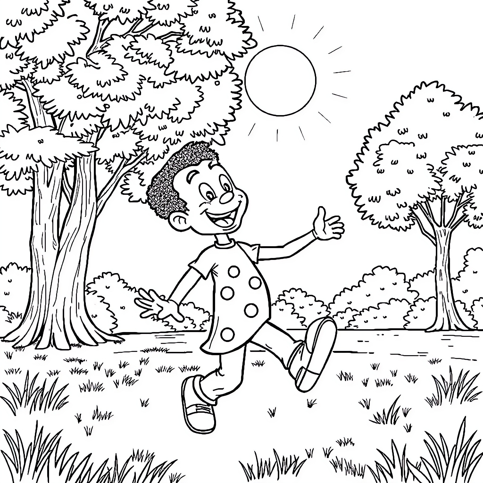 Huey P Newton joyfully exploring the outdoors Coloring Page (free black-and-white line drawing printable PDF for all, from beginners to advanced learners, including children, teens, adults, and seniors)
