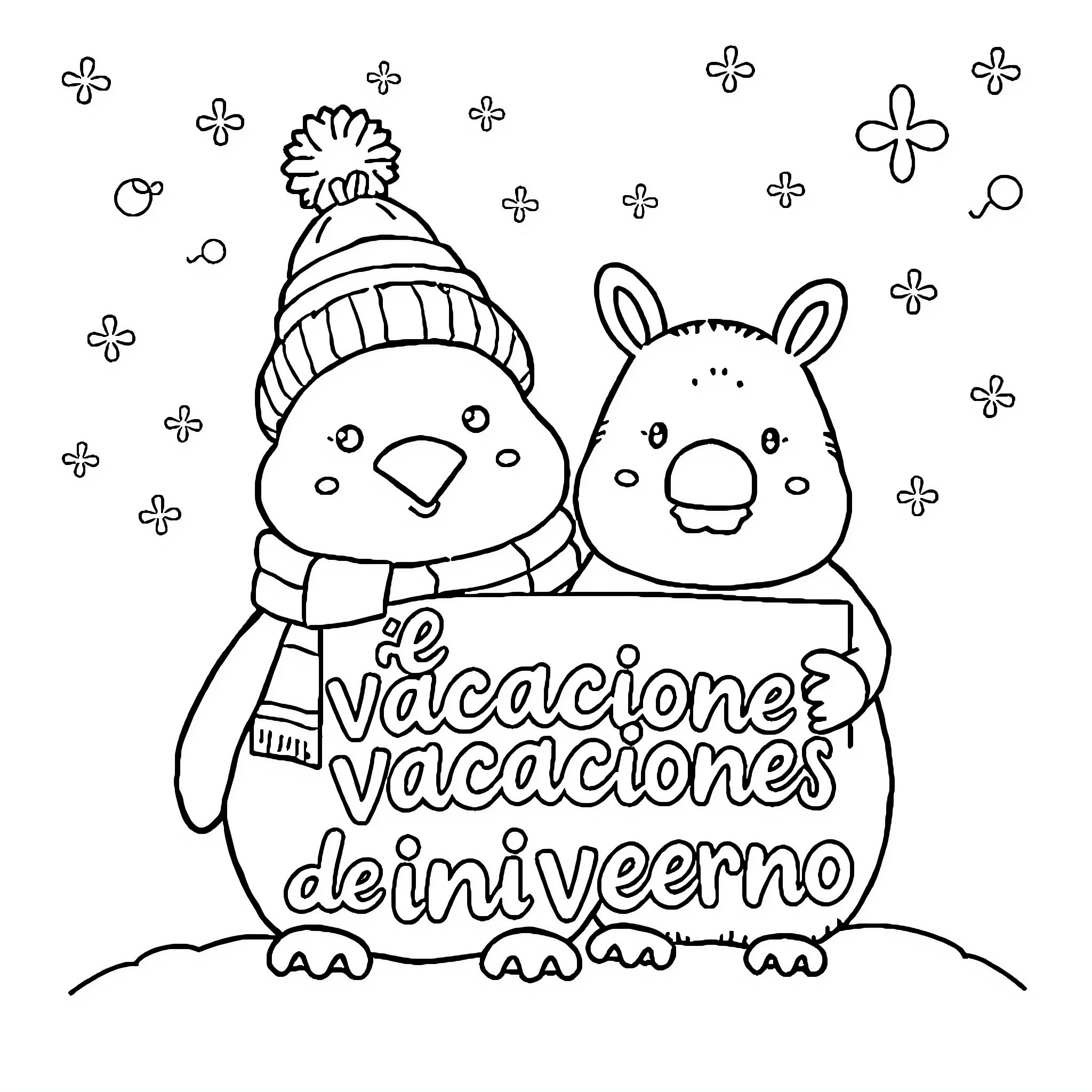 Muñeco de Nieve celebrating winter vacation Coloring Page (free black-and-white line drawing printable PDF for all, from beginners to advanced learners, including children, teens, adults, and seniors)
