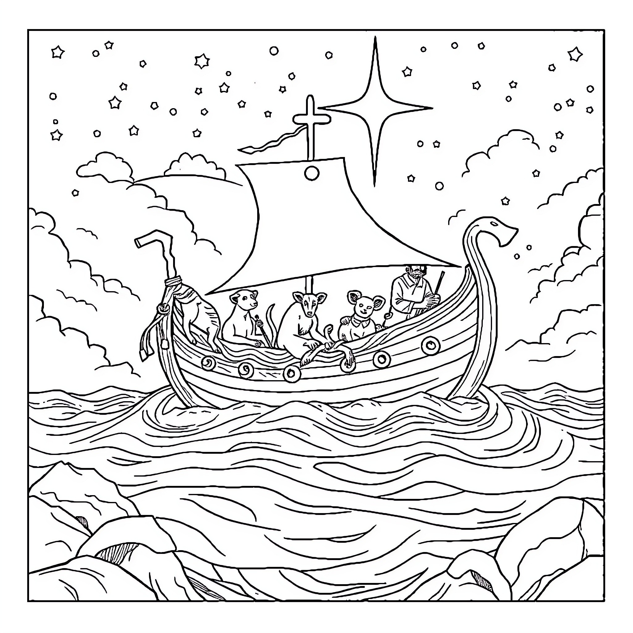 Noah's Ark Sailing Through the Storm at Night Coloring Page (free black-and-white line drawing printable PDF for all, from beginners to advanced learners, including children, teens, adults, and seniors)