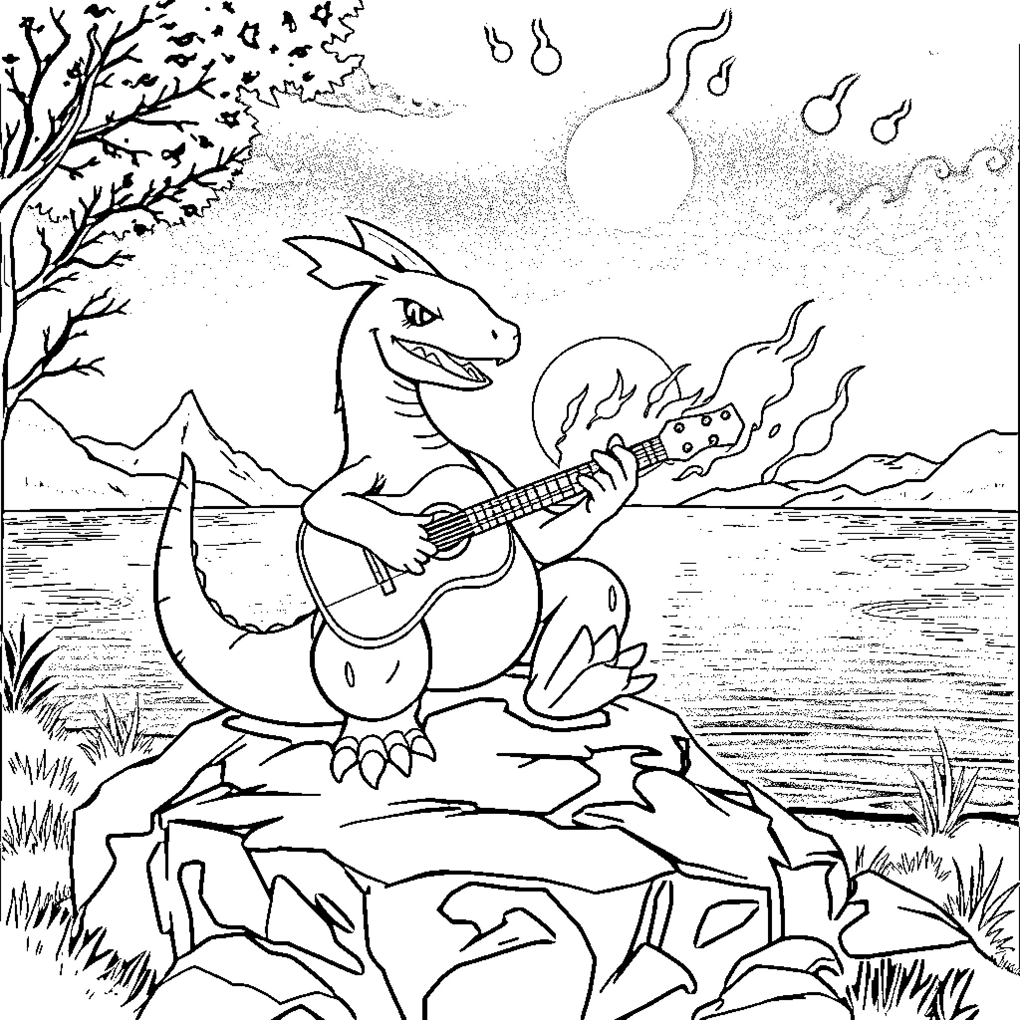 Charizard playing guitar in scenic landscape Coloring Page (free black-and-white line drawing printable PDF for all, from beginners to advanced learners, including children, teens, adults, and seniors)