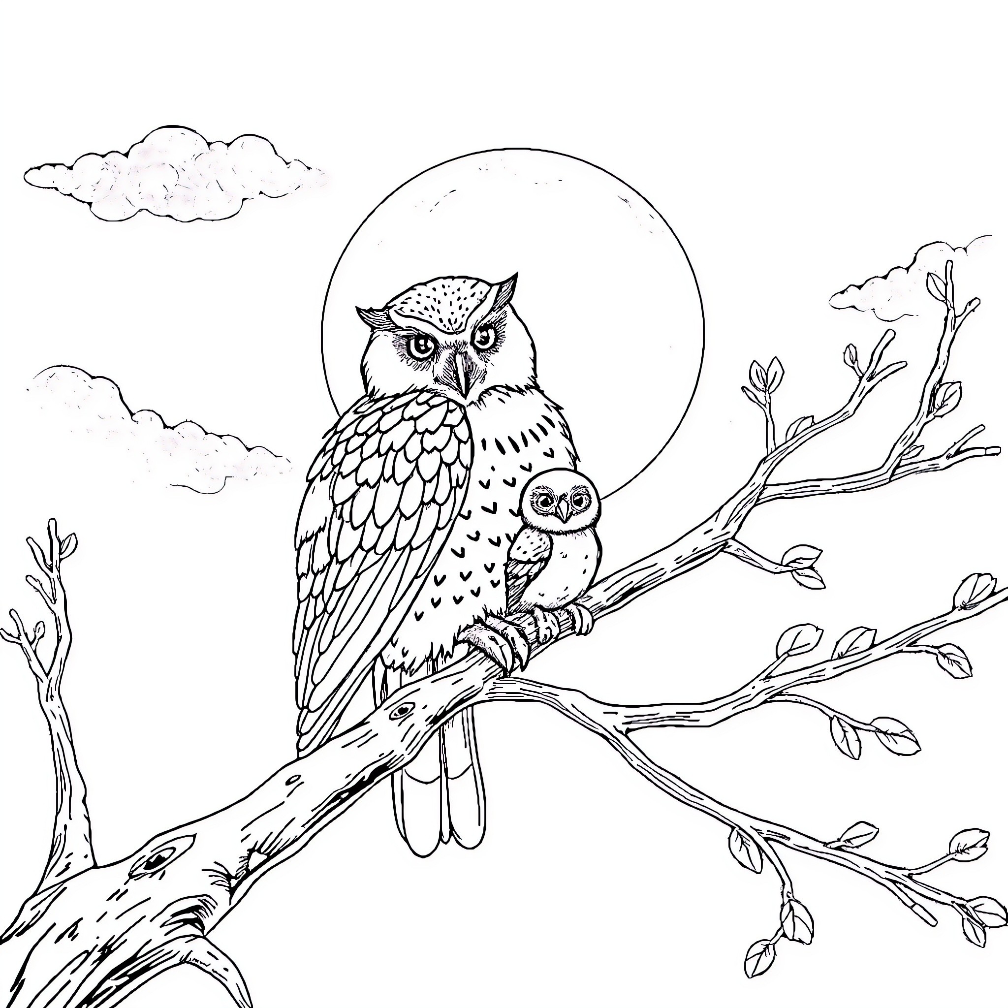 Owls perched on a tree branch in the moonlight Coloring Page (free black-and-white line drawing printable PDF for all, from beginners to advanced learners, including children, teens, adults, and seniors)