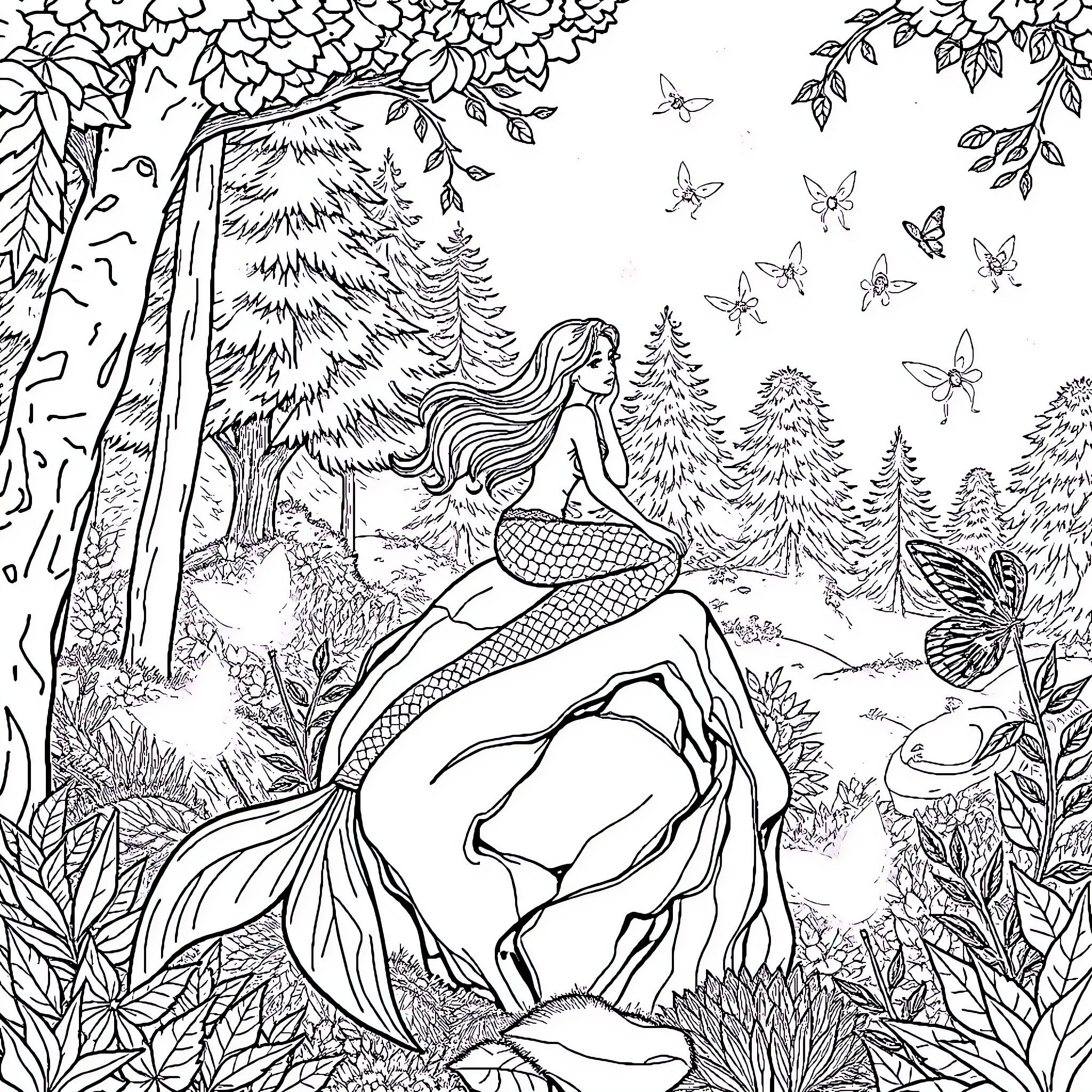 Mermaid enjoying nature's serene landscape Coloring Page (free black-and-white line drawing printable PDF for all, from beginners to advanced learners, including children, teens, adults, and seniors)