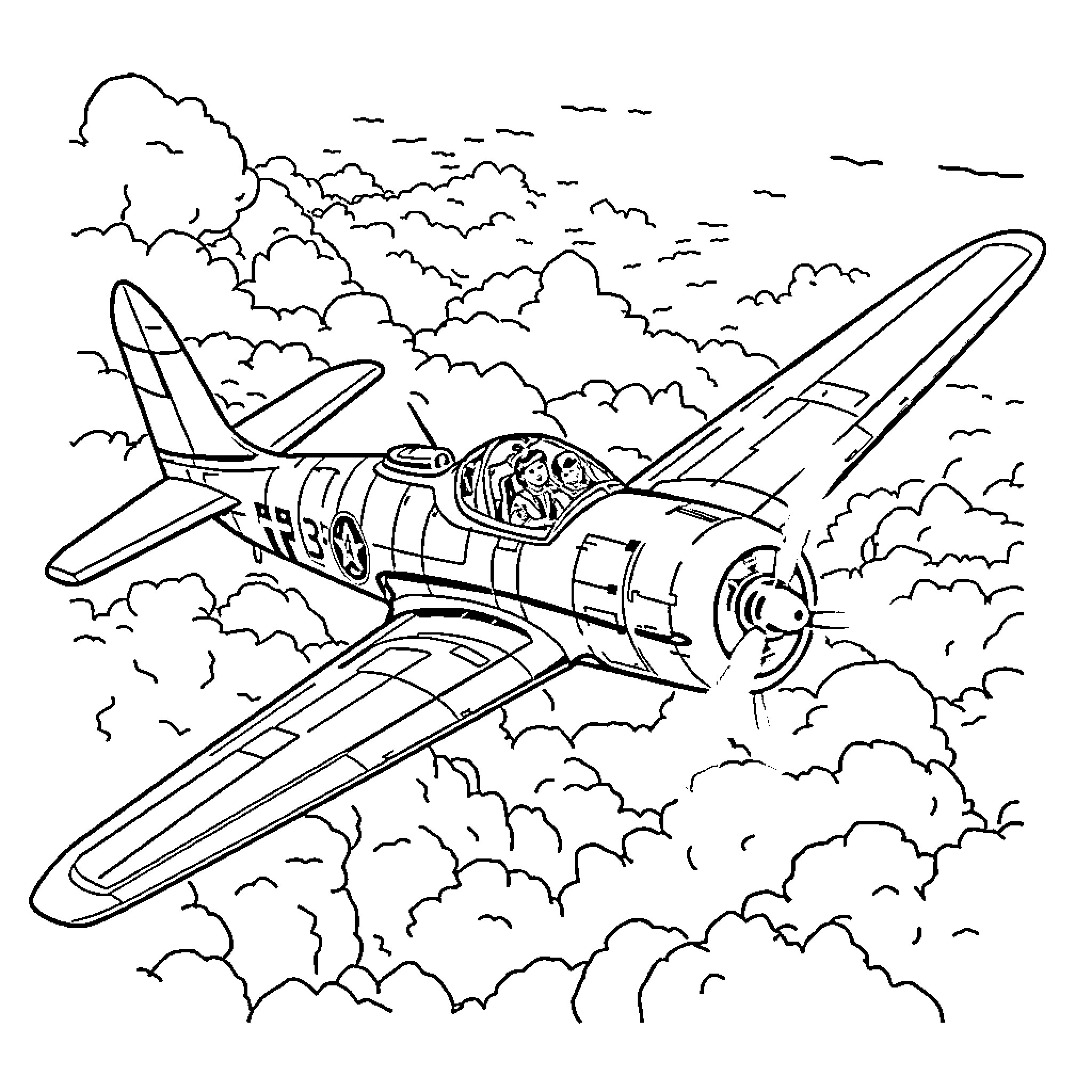 B17 World War II Aircraft Flying through Clouds Coloring Page (free black-and-white line drawing printable PDF for all, from beginners to advanced learners, including children, teens, adults, and seniors)