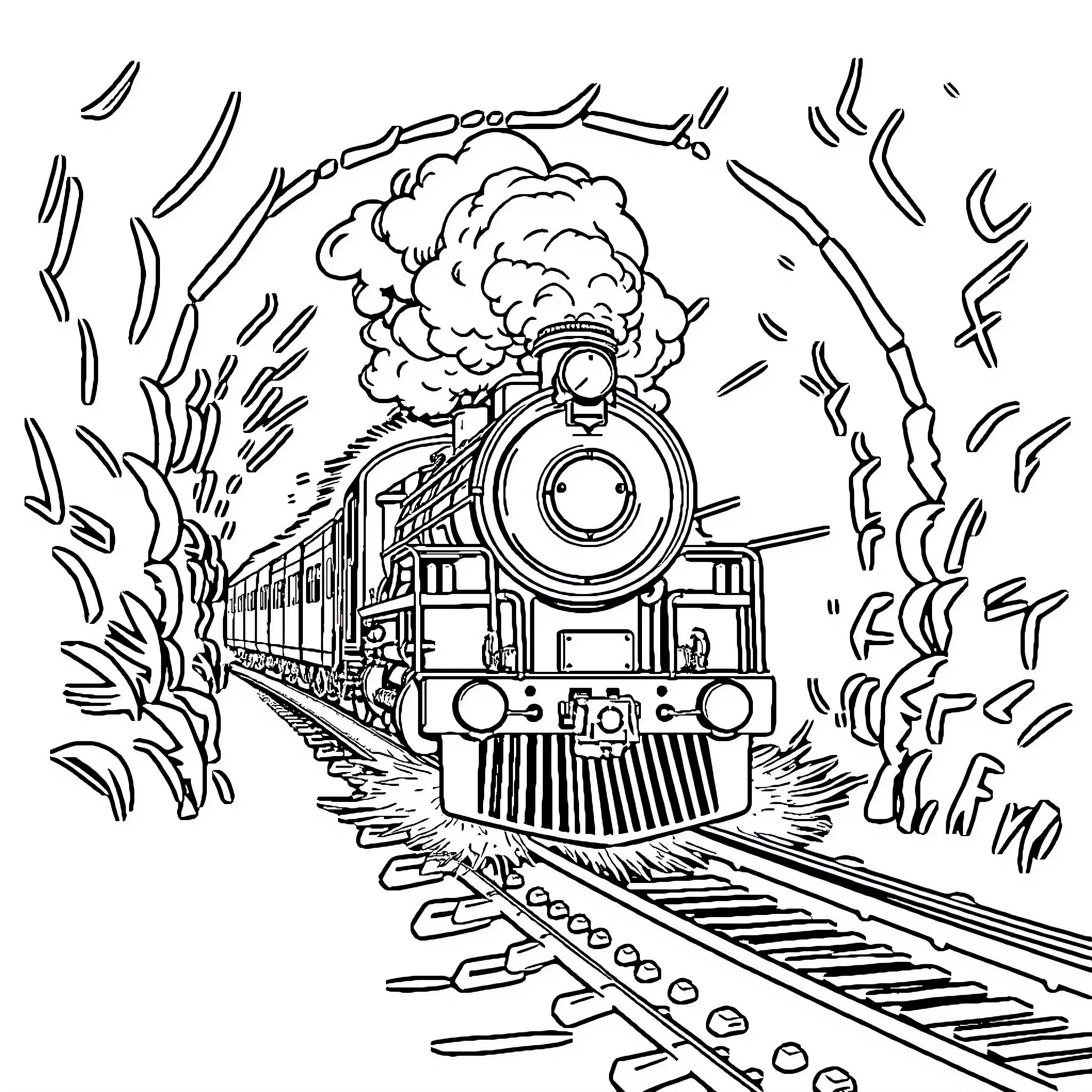 Train speeding through the wild landscape Coloring Page (free black-and-white line drawing printable PDF for all, from beginners to advanced learners, including children, teens, adults, and seniors)