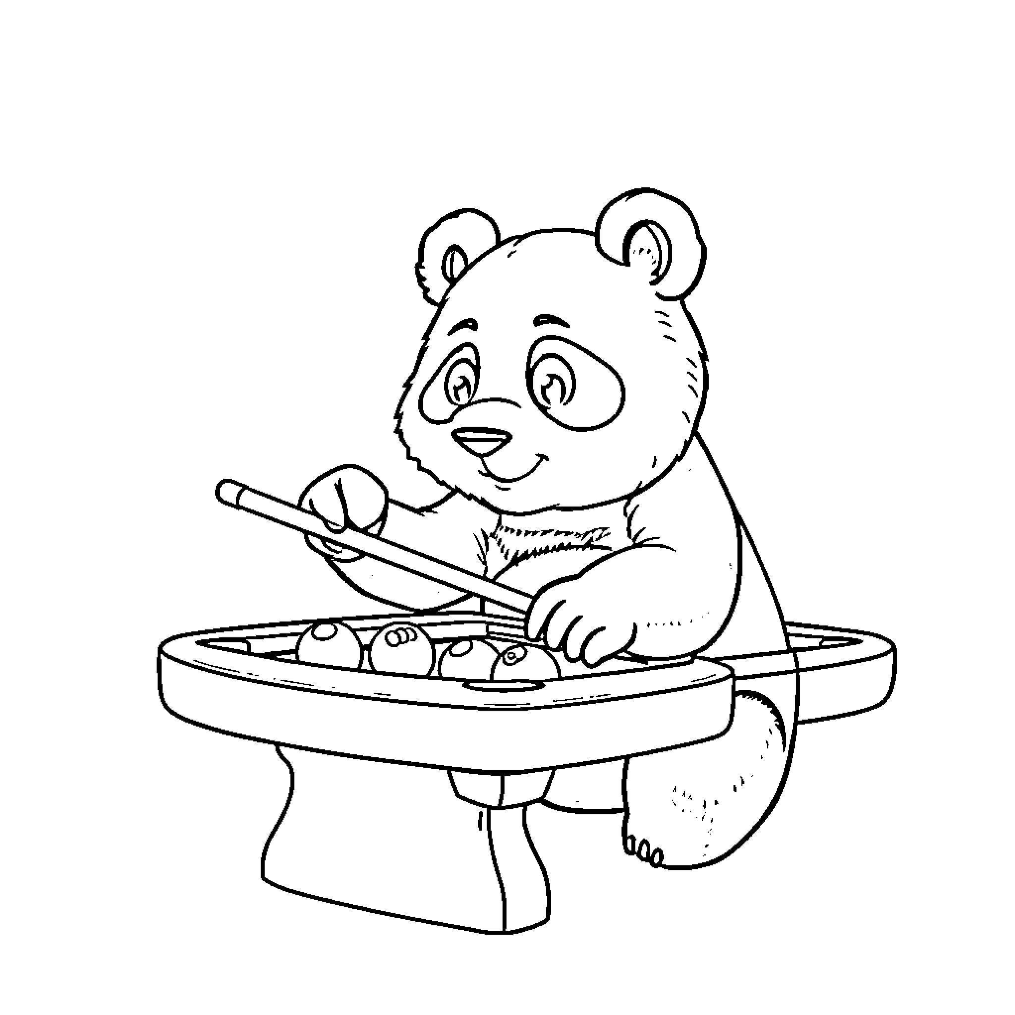 Panda playing musical instruments happily Coloring Page (free black-and-white line drawing printable PDF for all, from beginners to advanced learners, including children, teens, adults, and seniors)