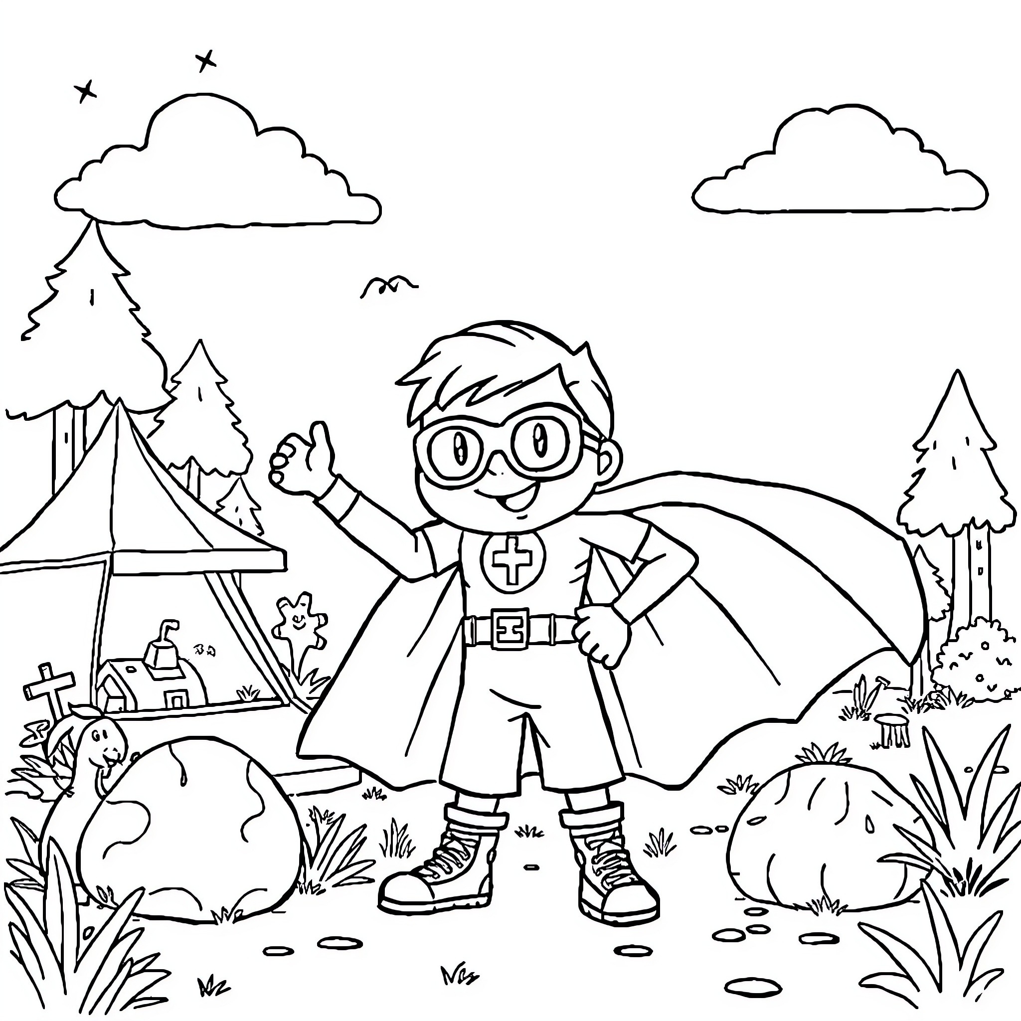 Superhero exploring the wilderness in the forest Coloring Page (free black-and-white line drawing printable PDF for all, from beginners to advanced learners, including children, teens, adults, and seniors)