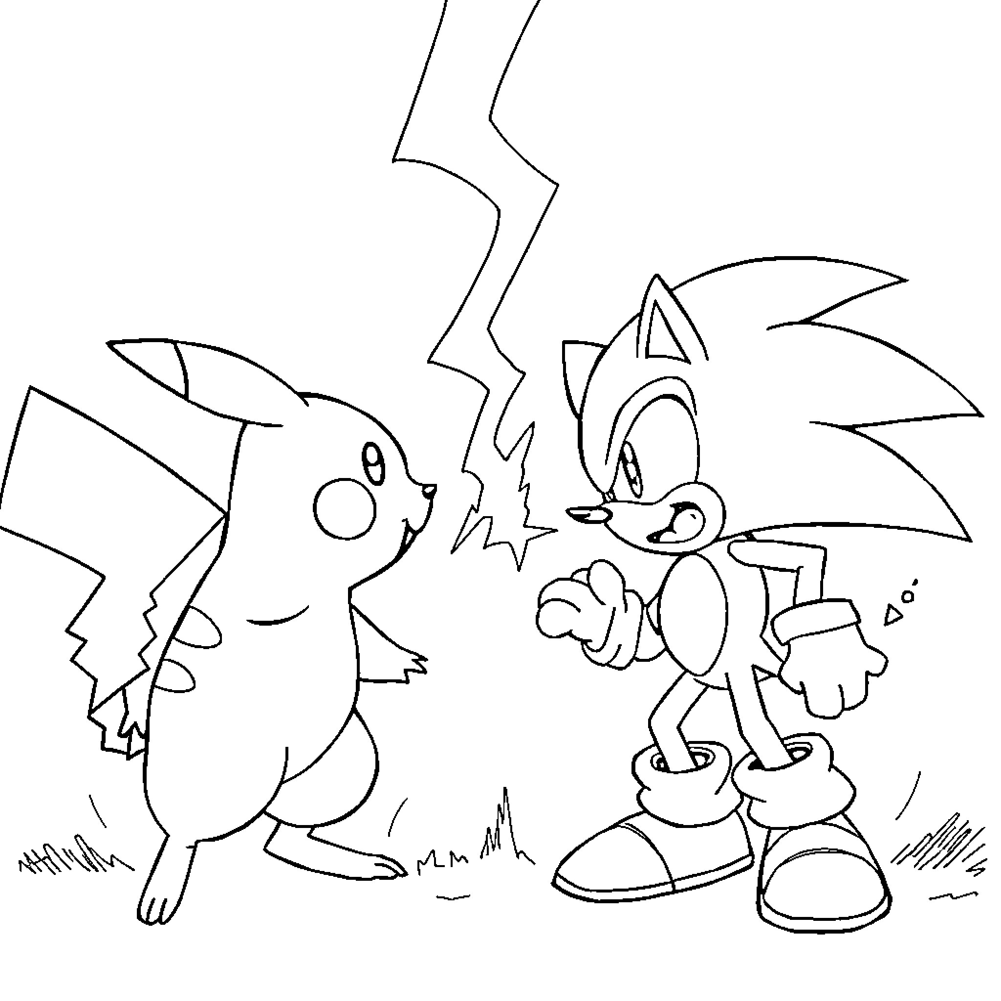 Pikachu and Sonic Facing Off in Playful Interaction Coloring Page (free black-and-white line drawing printable PDF for all, from beginners to advanced learners, including children, teens, adults, and seniors)