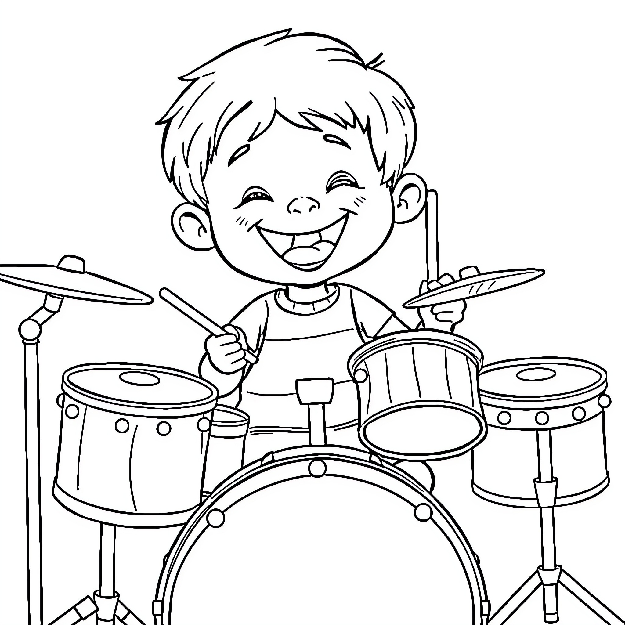 Boy happily playing the drums Coloring Page (free black-and-white line drawing printable PDF for all, from beginners to advanced learners, including children, teens, adults, and seniors)