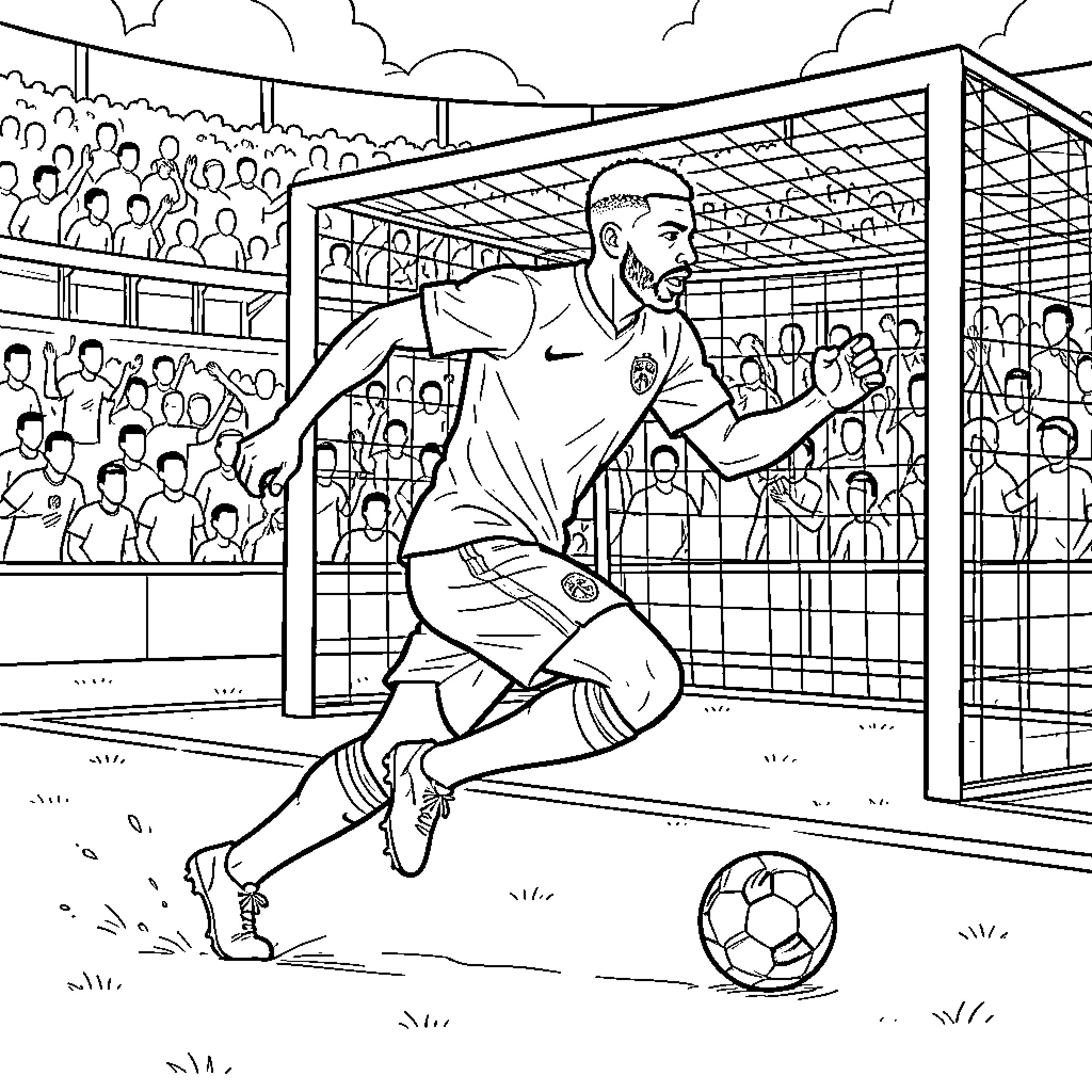 Mbappe dribbling a soccer ball toward the goal Coloring Page (free black-and-white line drawing printable PDF for all, from beginners to advanced learners, including children, teens, adults, and seniors)