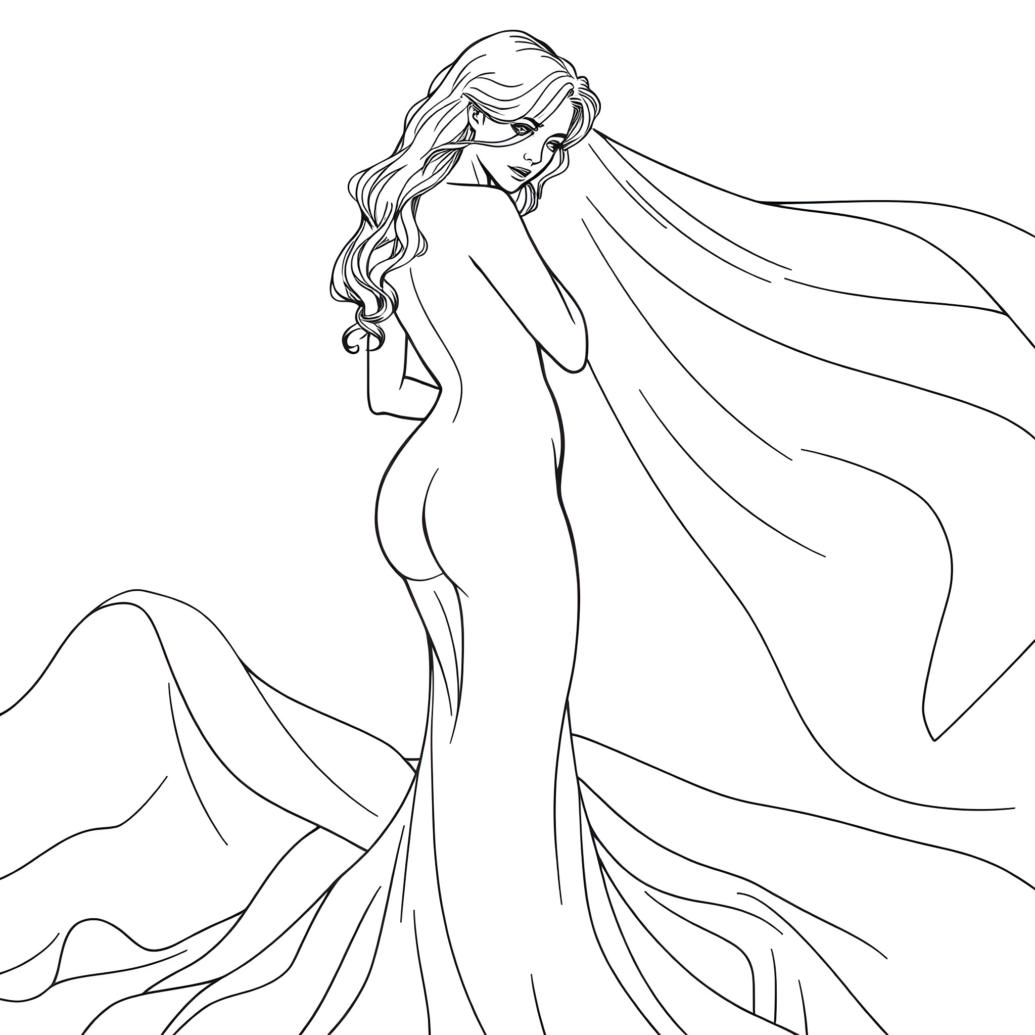 Woman in flowing dress with long hair Coloring Page (free black-and-white line drawing printable PDF for all, from beginners to advanced learners, including children, teens, adults, and seniors)