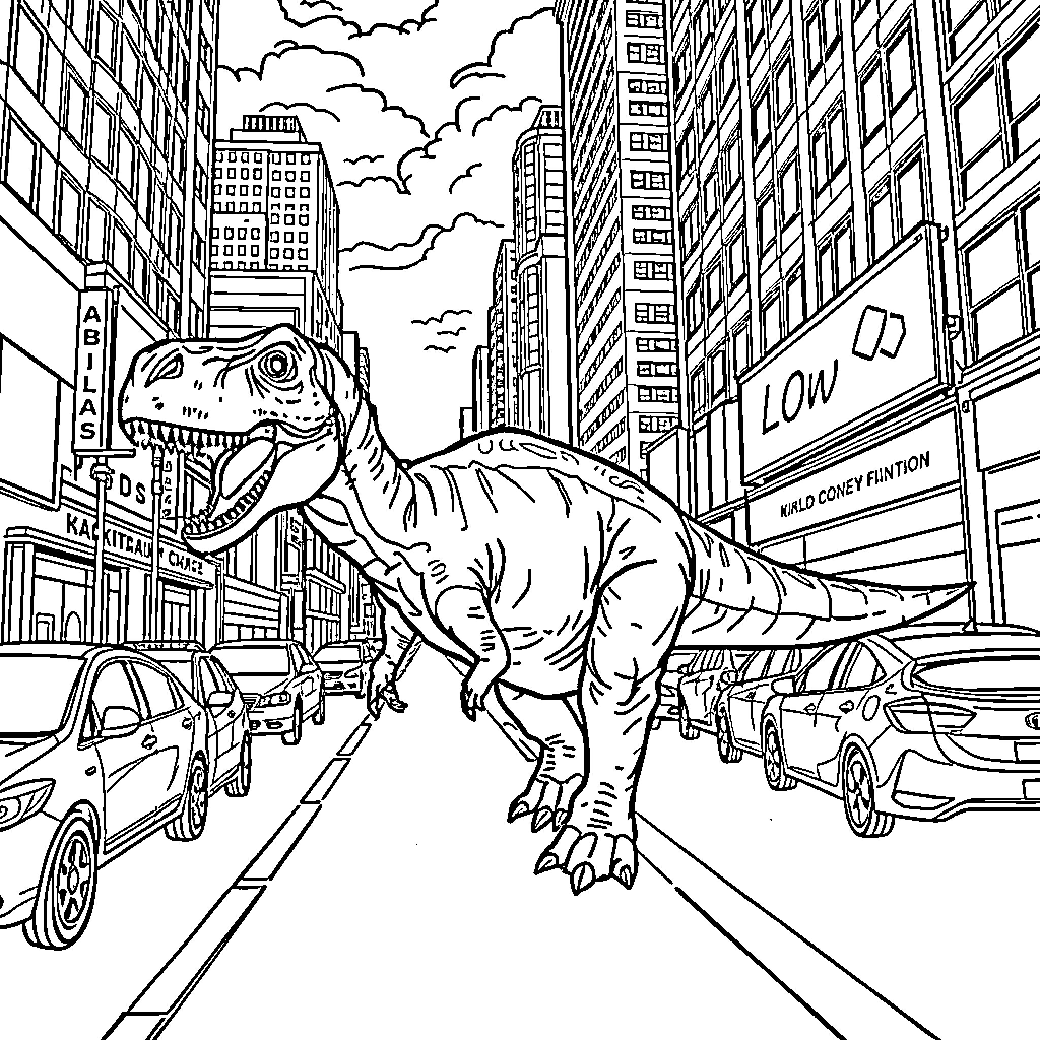 Dinosaur rampaging through a busy city street Coloring Page (free black-and-white line drawing printable PDF for all, from beginners to advanced learners, including children, teens, adults, and seniors)