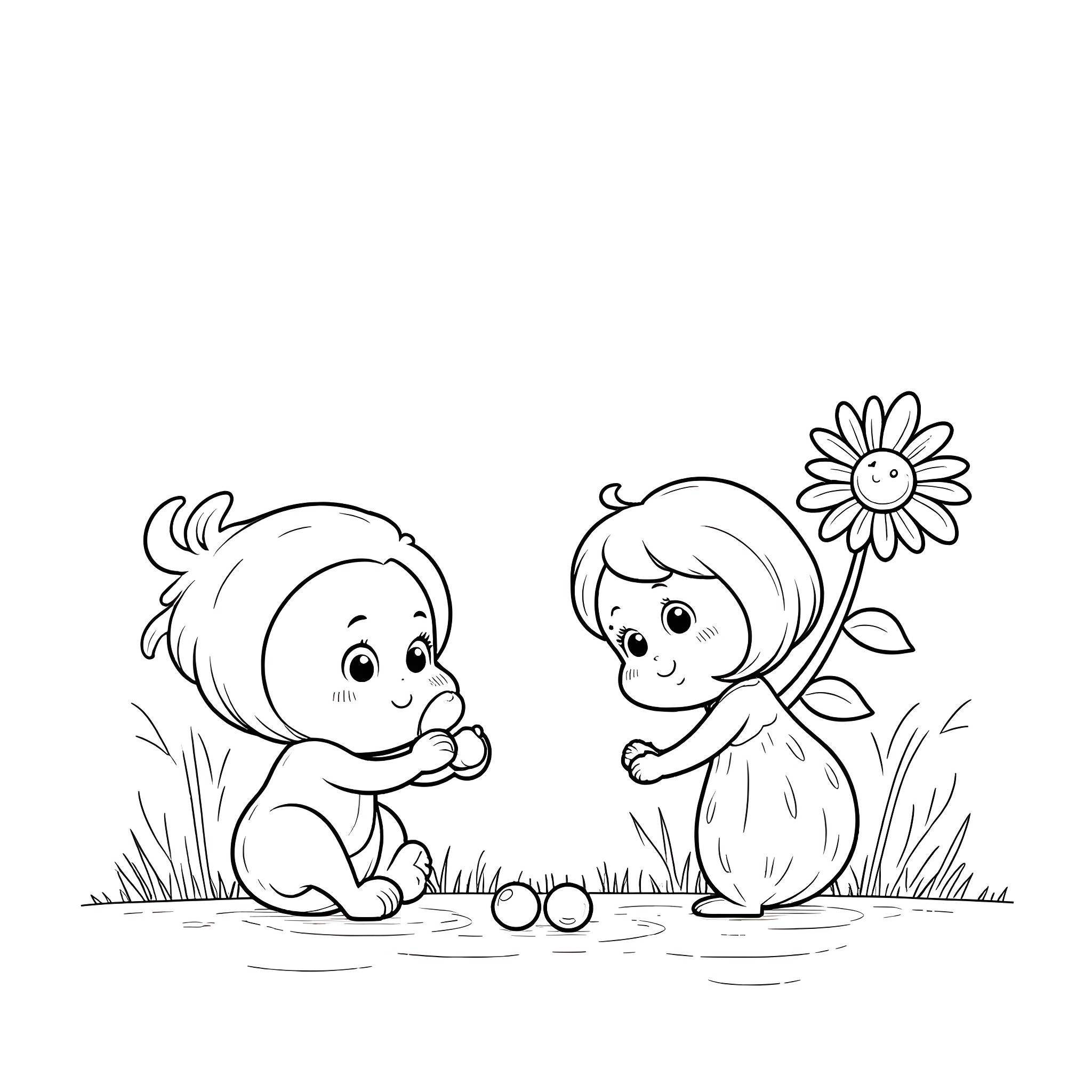 Flower children playing happily in the meadow Coloring Page (free black-and-white line drawing printable PDF for all, from beginners to advanced learners, including children, teens, adults, and seniors)