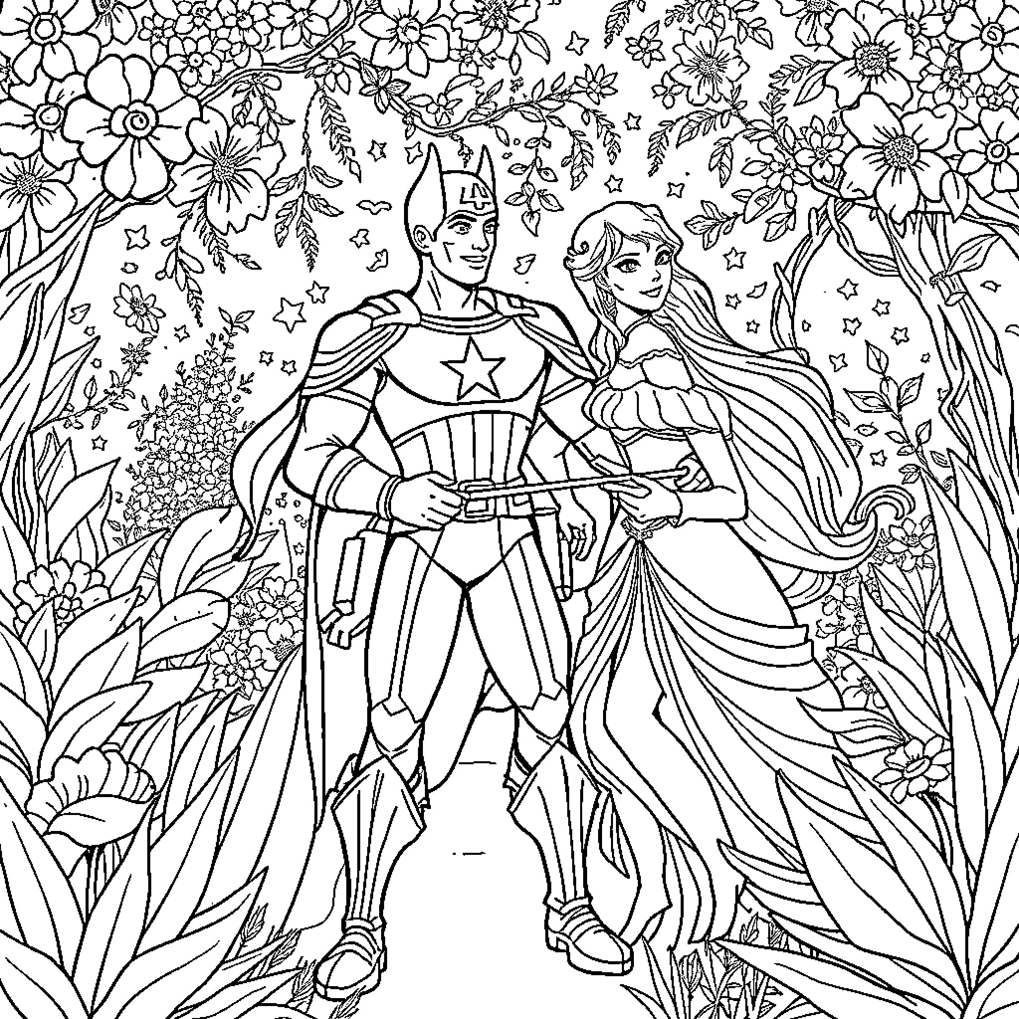 Captain America and the Princess in a Floral Wonderland Coloring Page (free black-and-white line drawing printable PDF for all, from beginners to advanced learners, including children, teens, adults, and seniors)