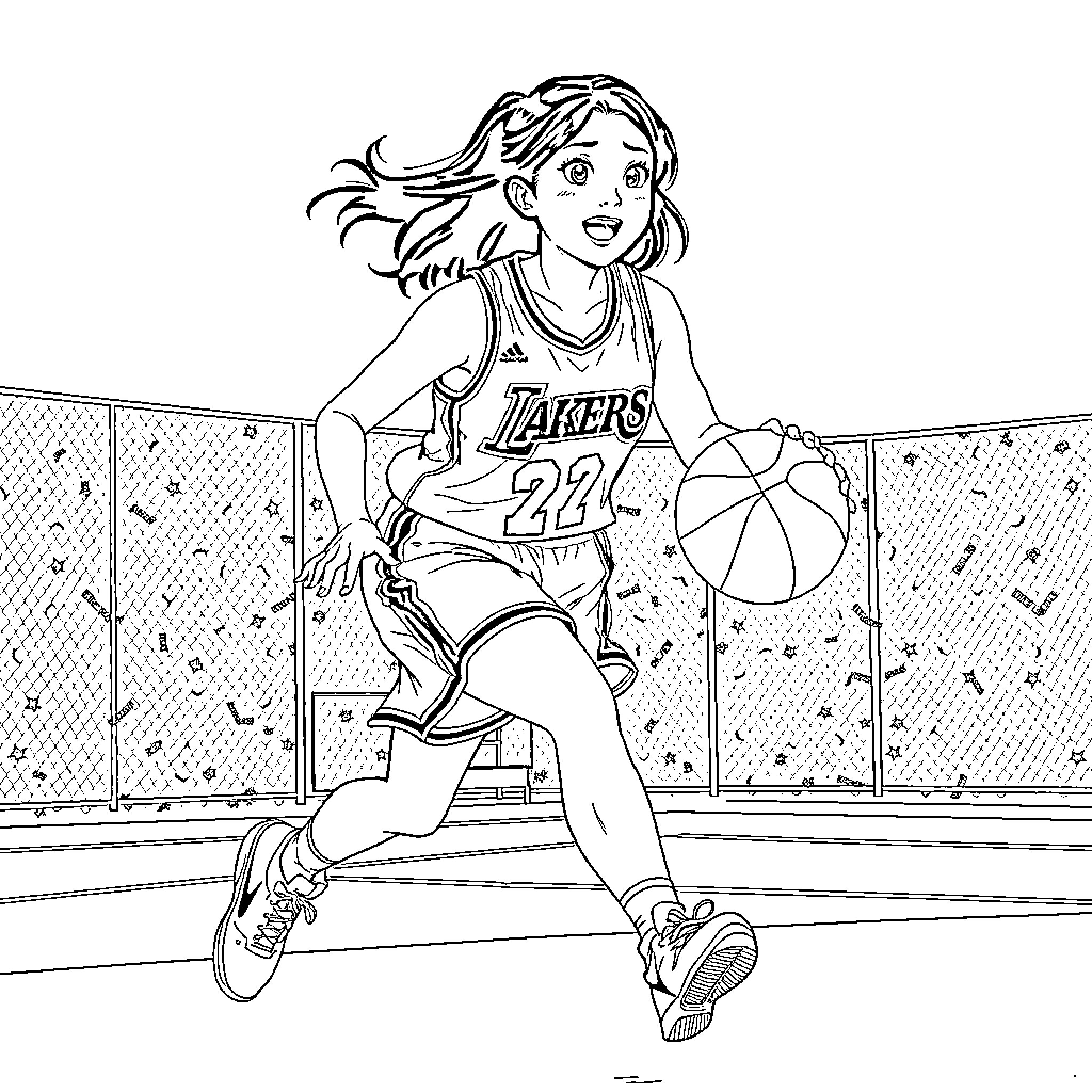 Nezuko playing basketball on the court Coloring Page (free black-and-white line drawing printable PDF for all, from beginners to advanced learners, including children, teens, adults, and seniors)