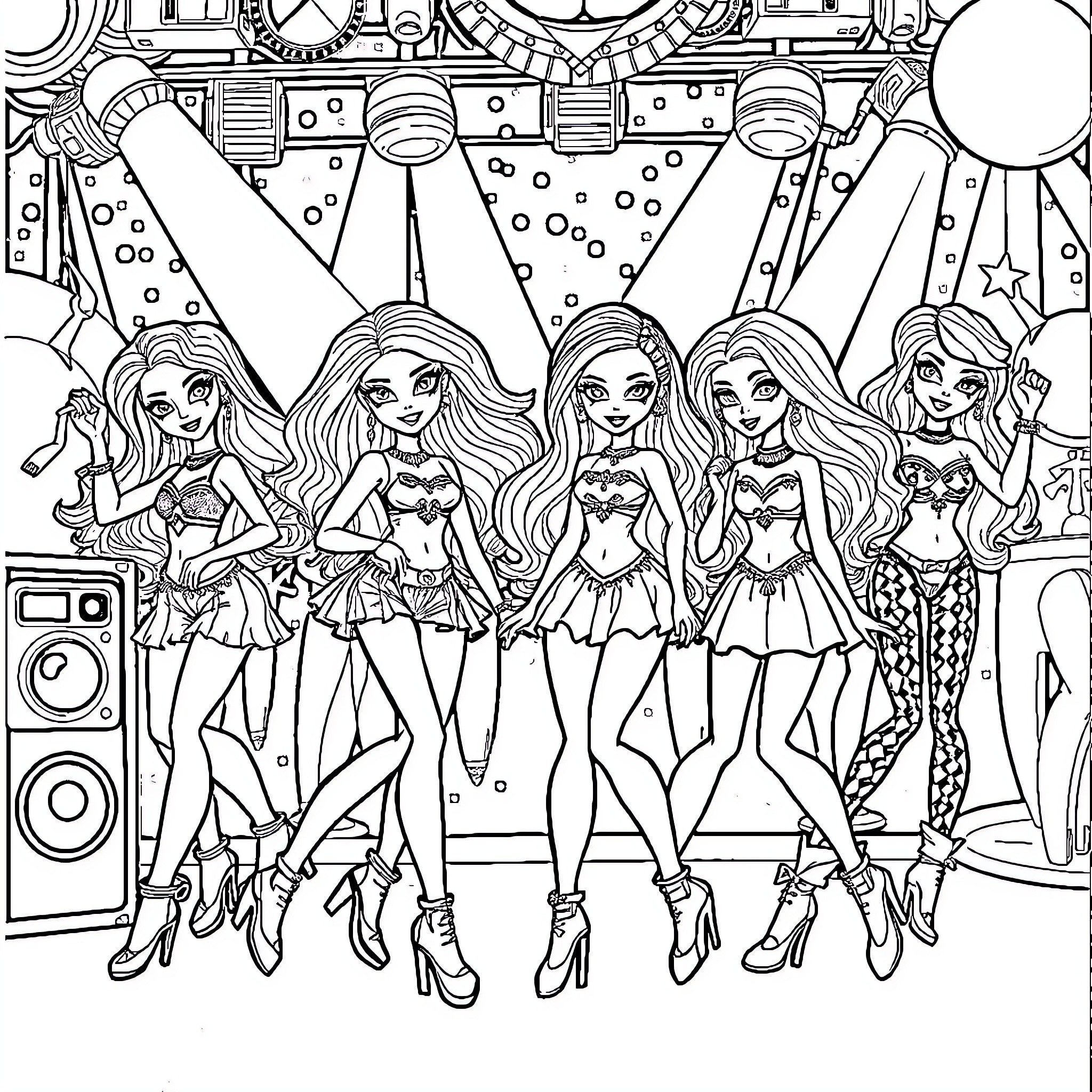Bratz Dolls on Stage with Music and Dance Coloring Page (free black-and-white line drawing printable PDF for all, from beginners to advanced learners, including children, teens, adults, and seniors)