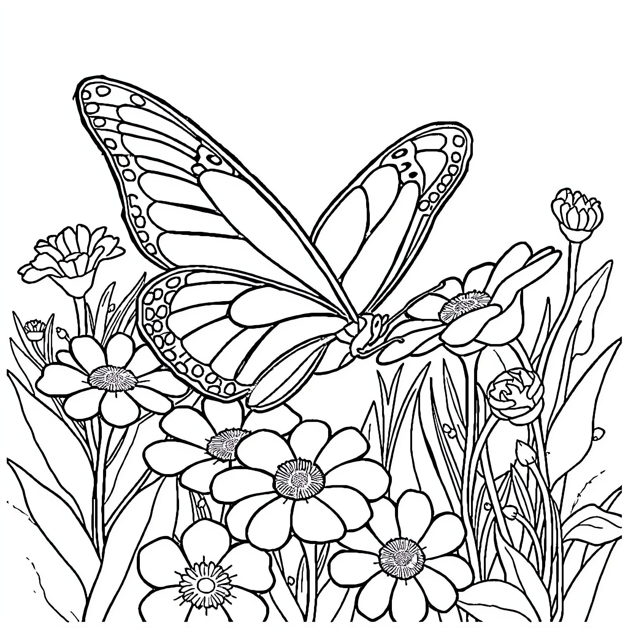 Butterfly among beautiful flowers in nature Coloring Page (free black-and-white line drawing printable PDF for all, from beginners to advanced learners, including children, teens, adults, and seniors)