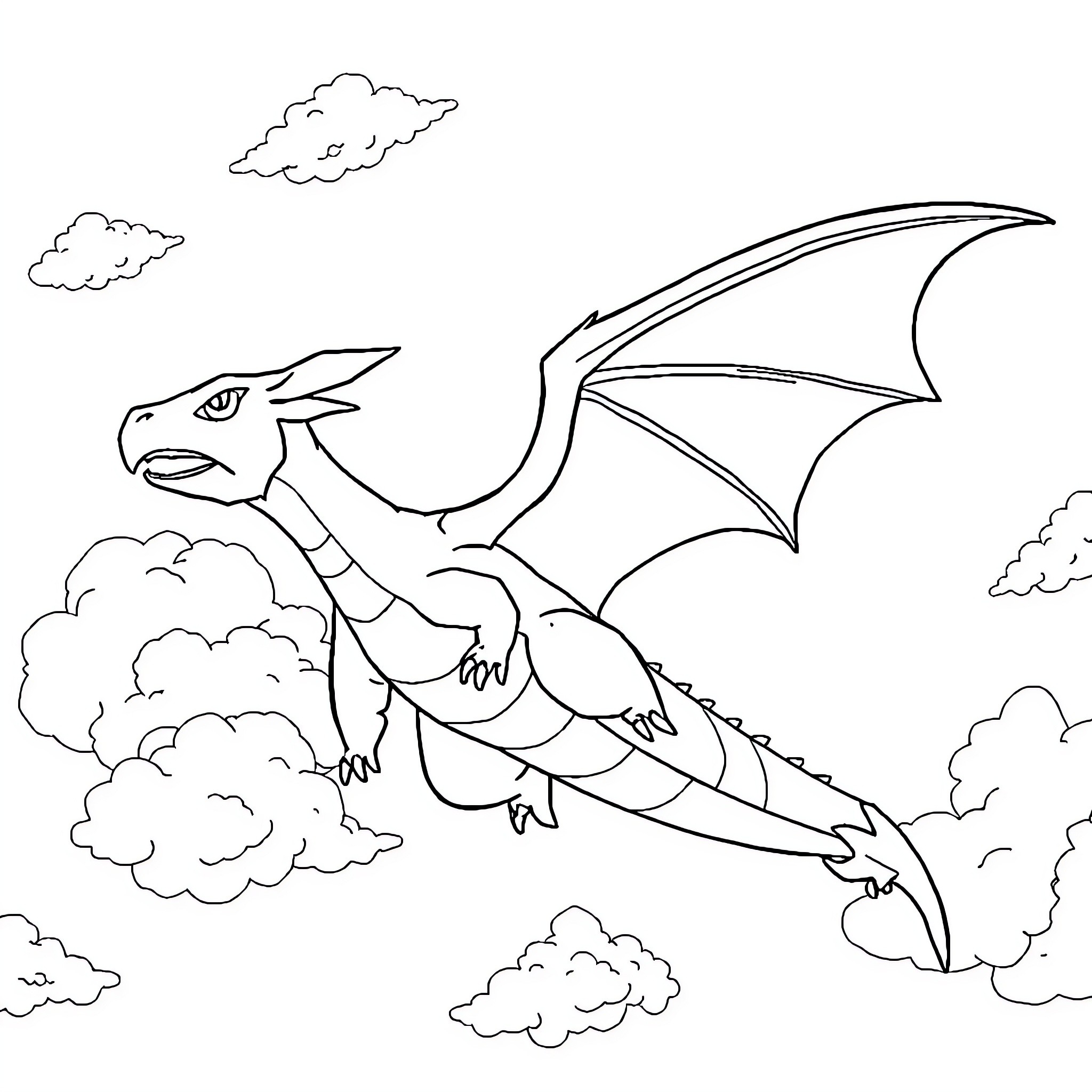Dragonite soaring through the clouds Coloring Page (free black-and-white line drawing printable PDF for all, from beginners to advanced learners, including children, teens, adults, and seniors)