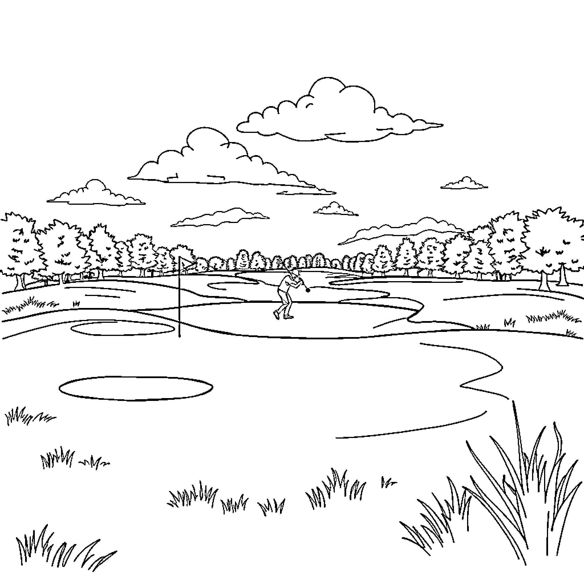 Golf players enjoying the scenic course Coloring Page (free black-and-white line drawing printable PDF for all, from beginners to advanced learners, including children, teens, adults, and seniors)