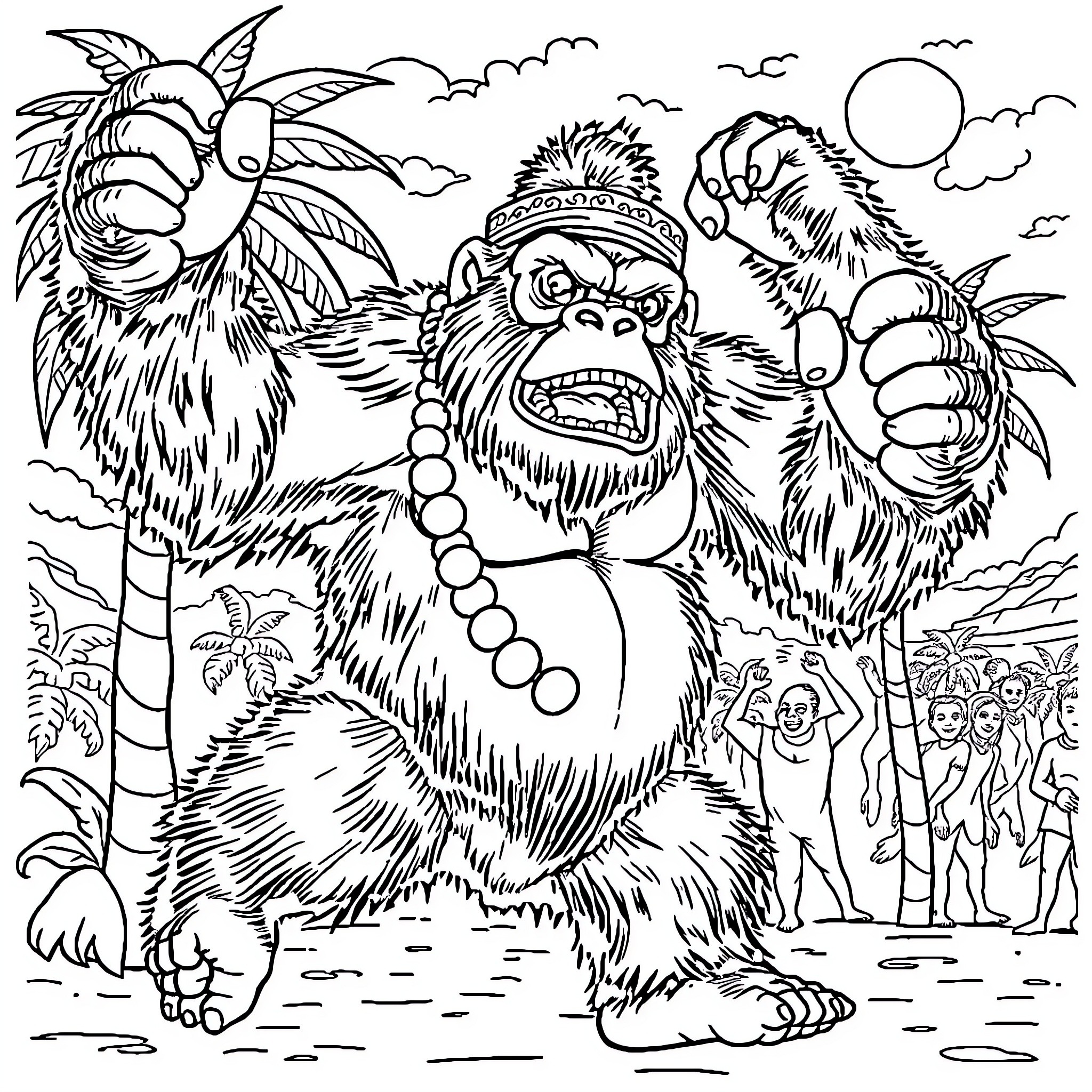 King Kong stomping and roaring in the tropical jungle Coloring Page (free black-and-white line drawing printable PDF for all, from beginners to advanced learners, including children, teens, adults, and seniors)