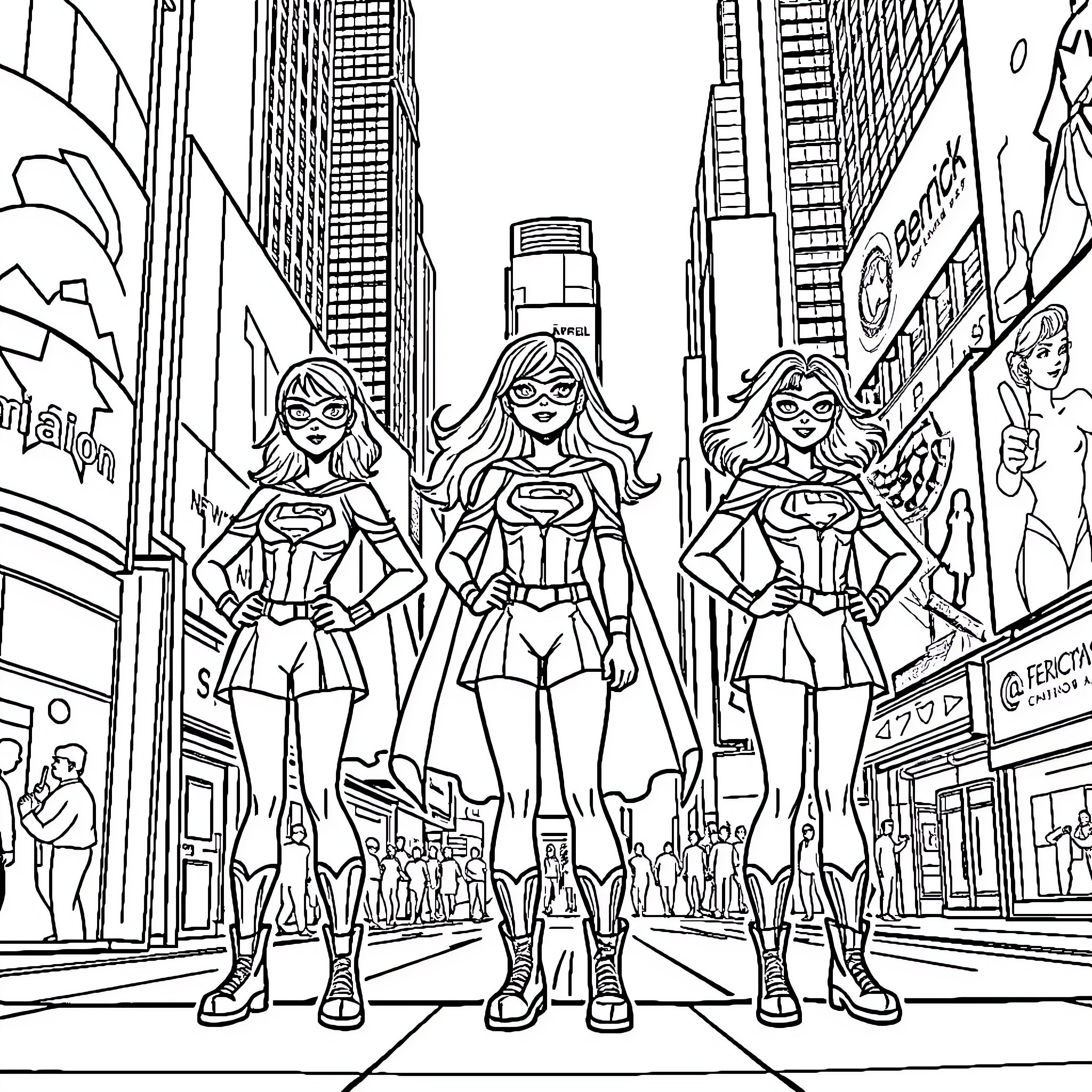 Girl superhero trio in Times Square adventure Coloring Page (free black-and-white line drawing printable PDF for all, from beginners to advanced learners, including children, teens, adults, and seniors)