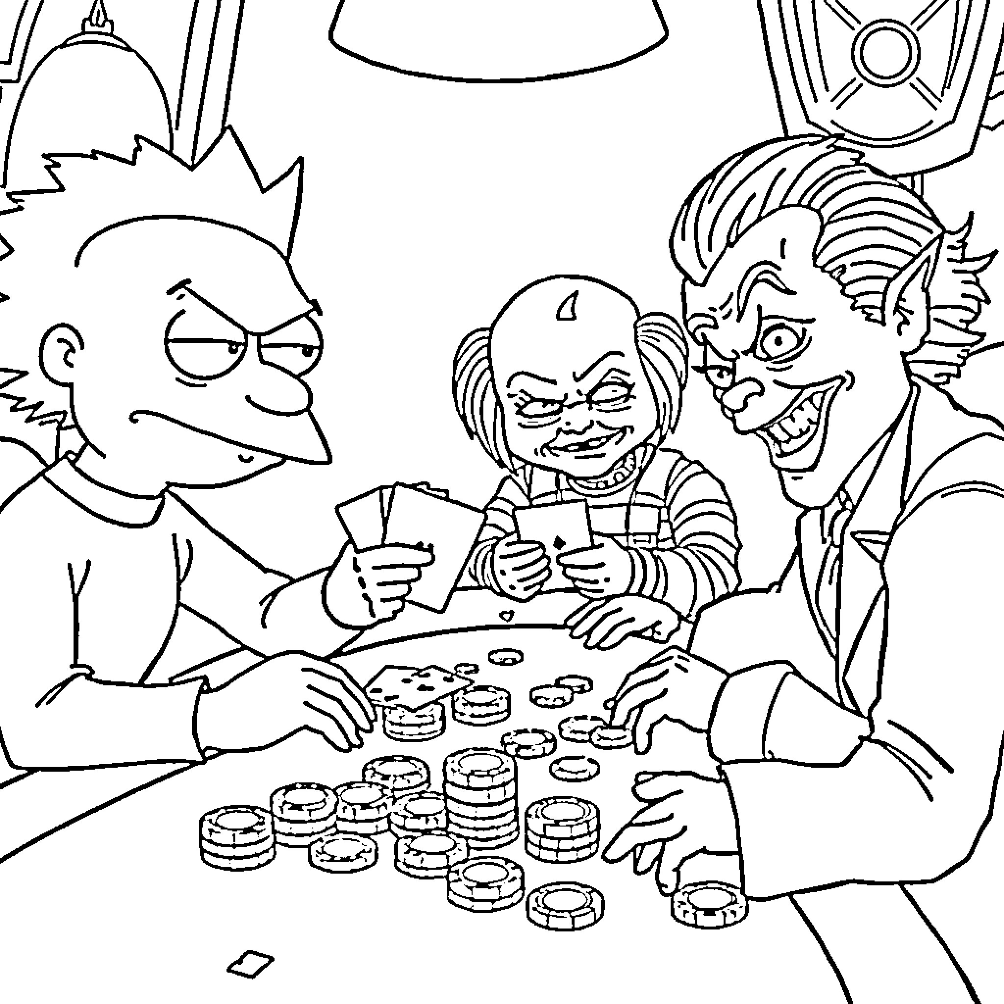 Character Trio Playing Cards and Gambling Coloring Page (free black-and-white line drawing printable PDF for all, from beginners to advanced learners, including children, teens, adults, and seniors)
