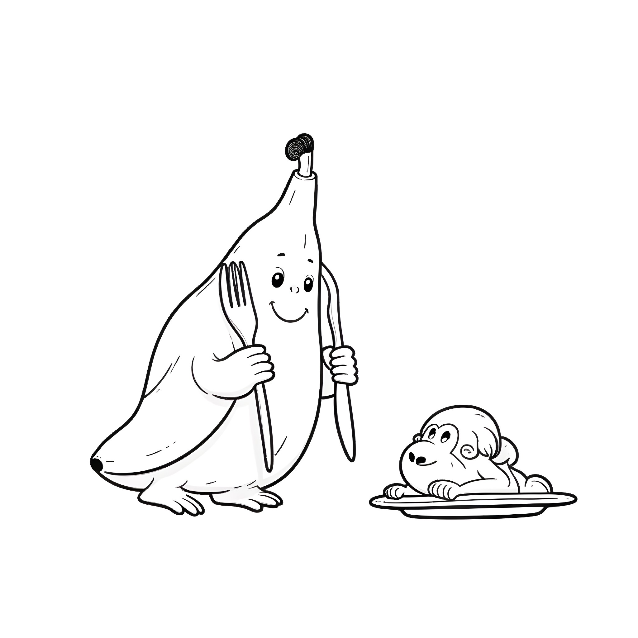 Banana with Utensils Preparing a Meal Coloring Page (free black-and-white line drawing printable PDF for all, from beginners to advanced learners, including children, teens, adults, and seniors)