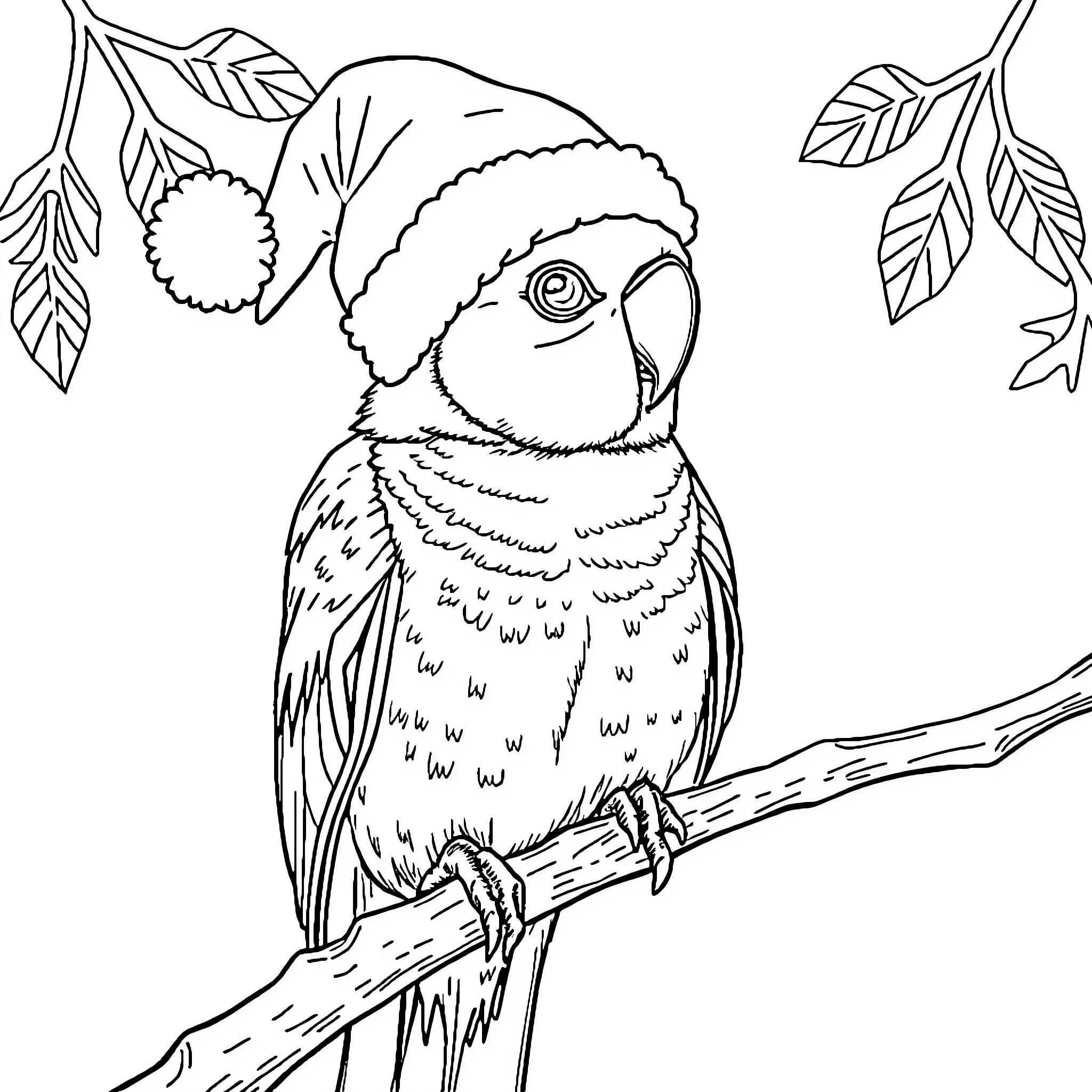 Conure perched on branch with leaves Coloring Page (free black-and-white line drawing printable PDF for all, from beginners to advanced learners, including children, teens, adults, and seniors)