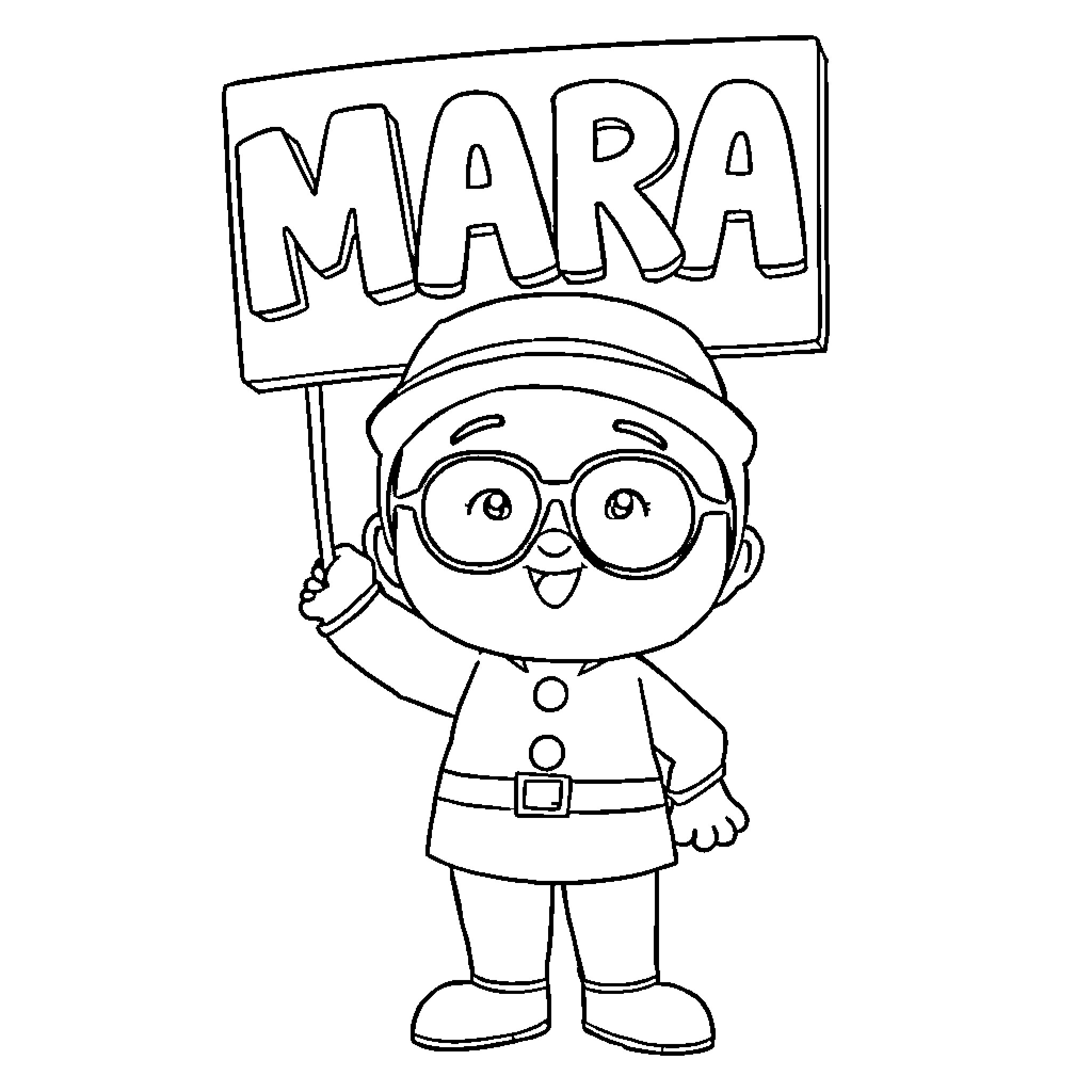 Pocoyo holding a sign and smiling Coloring Page (free black-and-white line drawing printable PDF for all, from beginners to advanced learners, including children, teens, adults, and seniors)