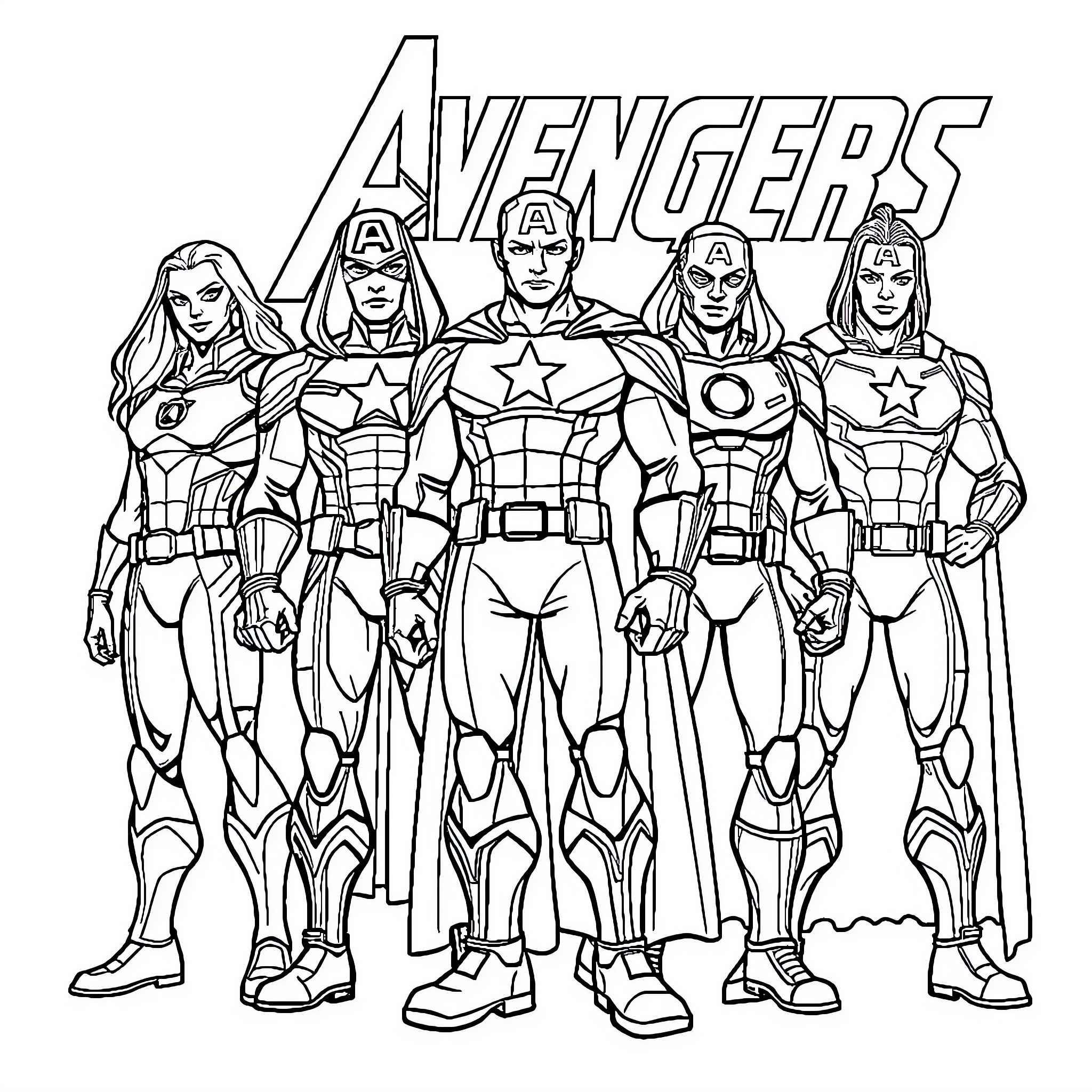 Avengers Assemble in Heroic Poses Coloring Page (free black-and-white line drawing printable PDF for all, from beginners to advanced learners, including children, teens, adults, and seniors)